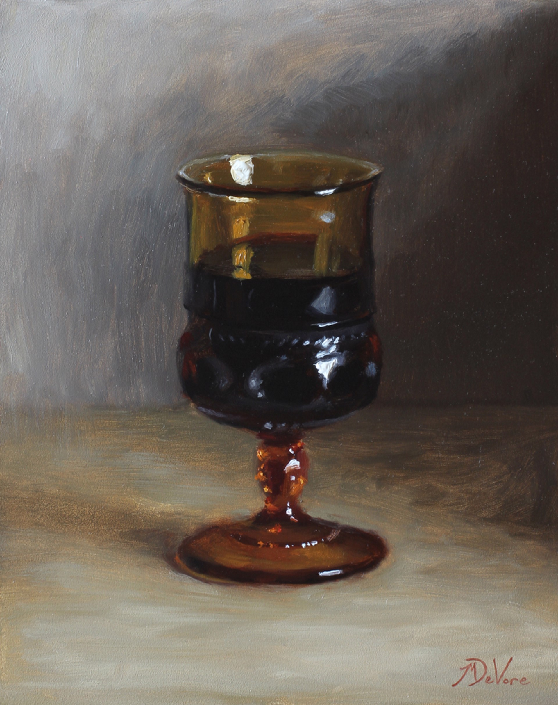 A still life painting of an amber goblet filled with dark liquid, rendered in a realistic oil style.