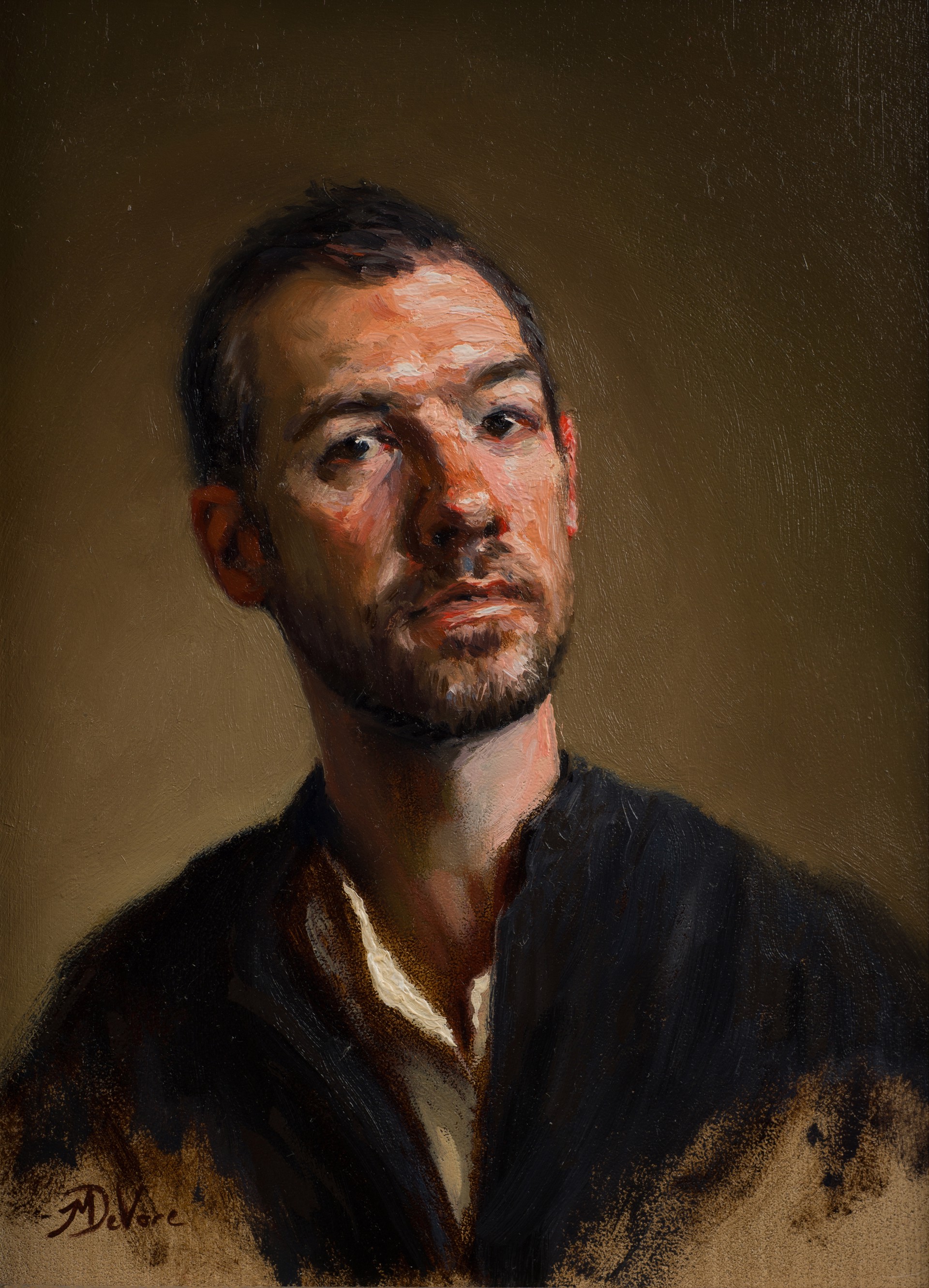 A painting of a man with a beard and a black jacket.