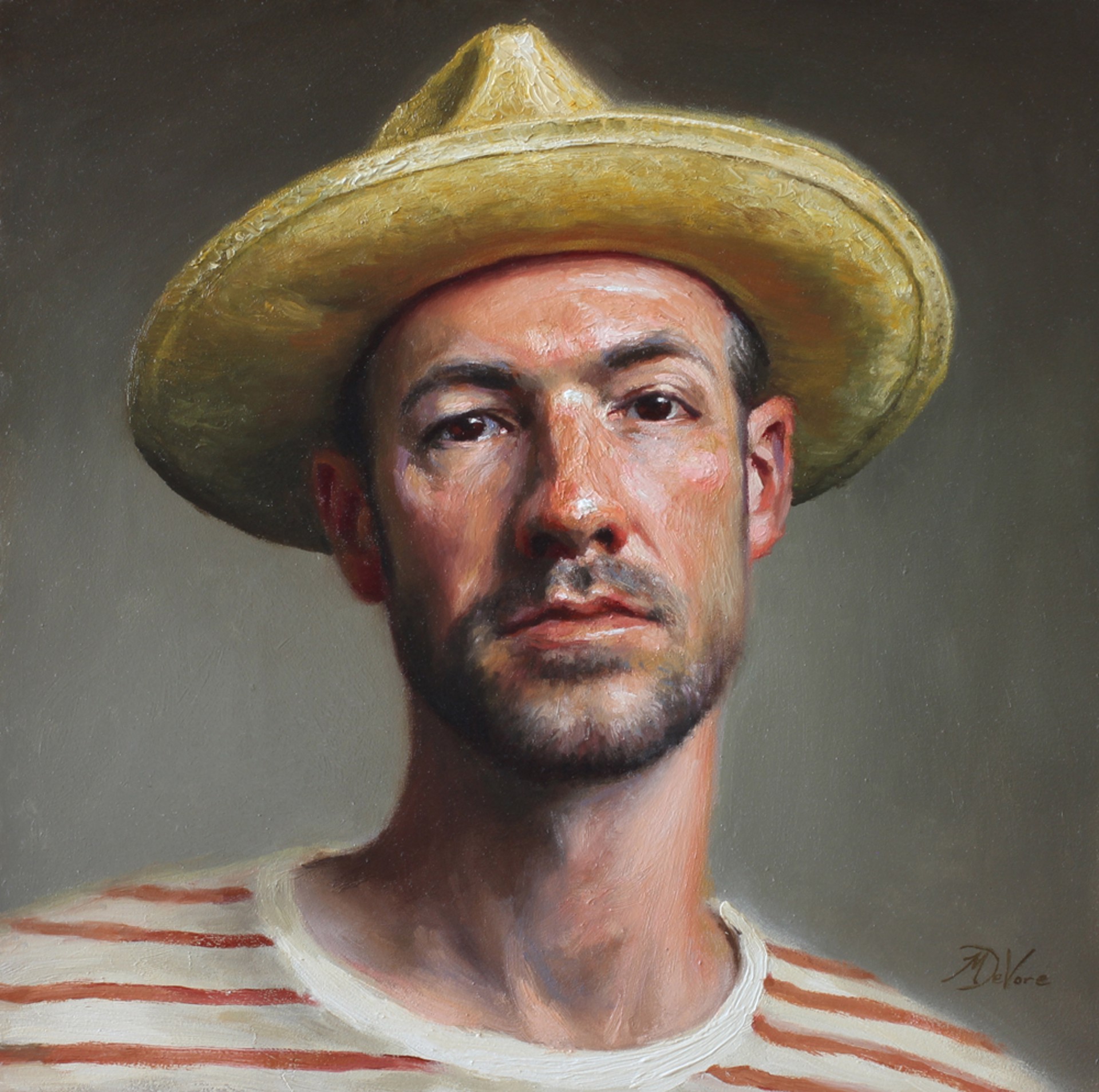 A realistic portrait of a man in a straw hat and striped shirt against a neutral background.