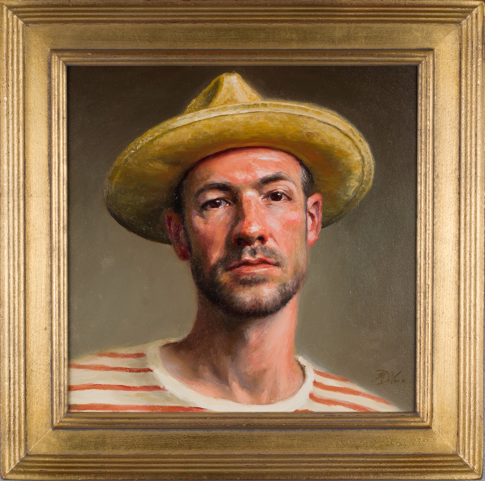 A realistic portrait of a man in a straw hat and striped shirt against a neutral background.