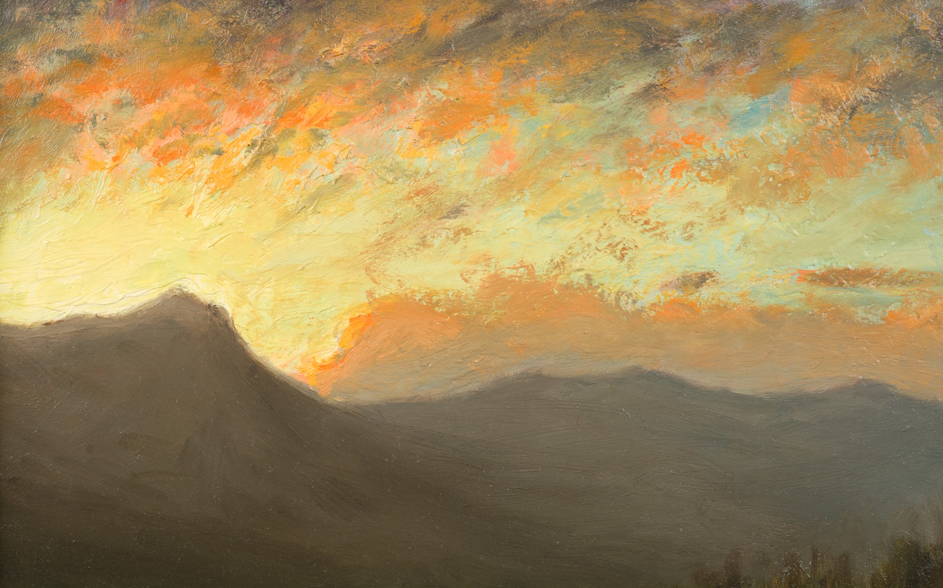 A painting of a sunset over a mountain range.