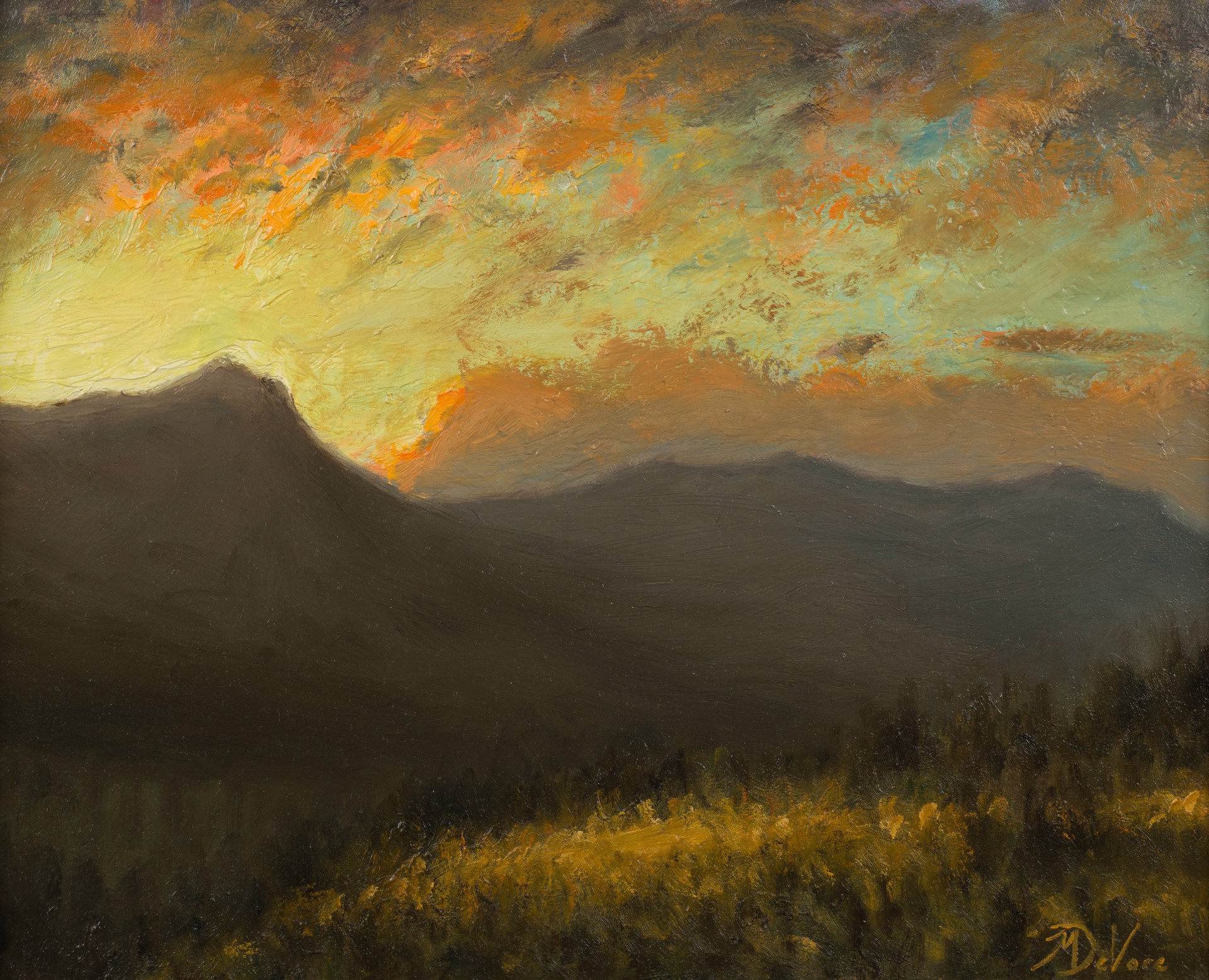A painting of a sunset over a mountain range.