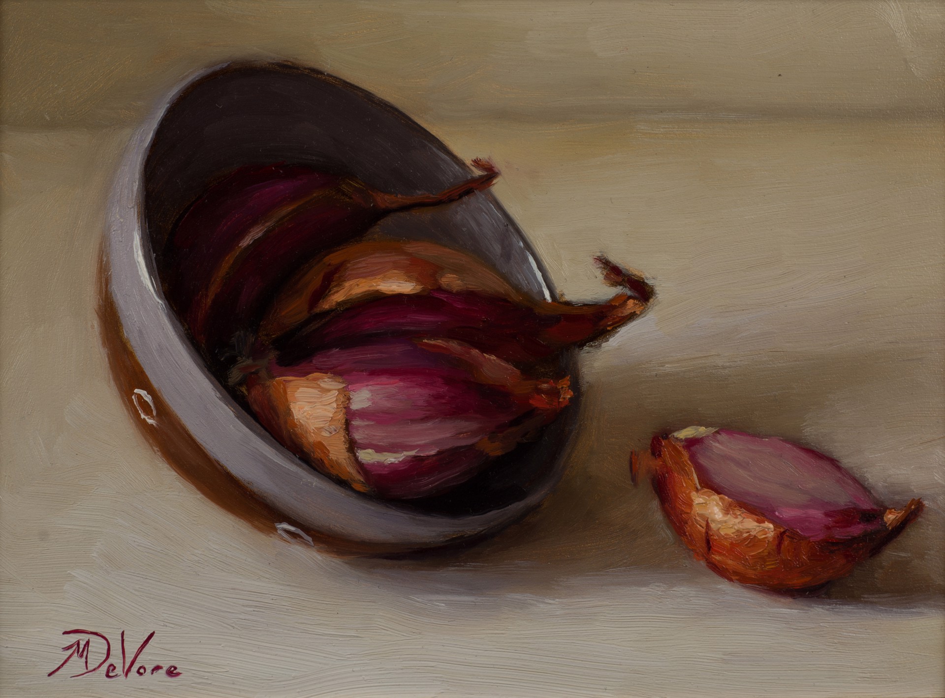 A painting of an onion in a bowl on a table.