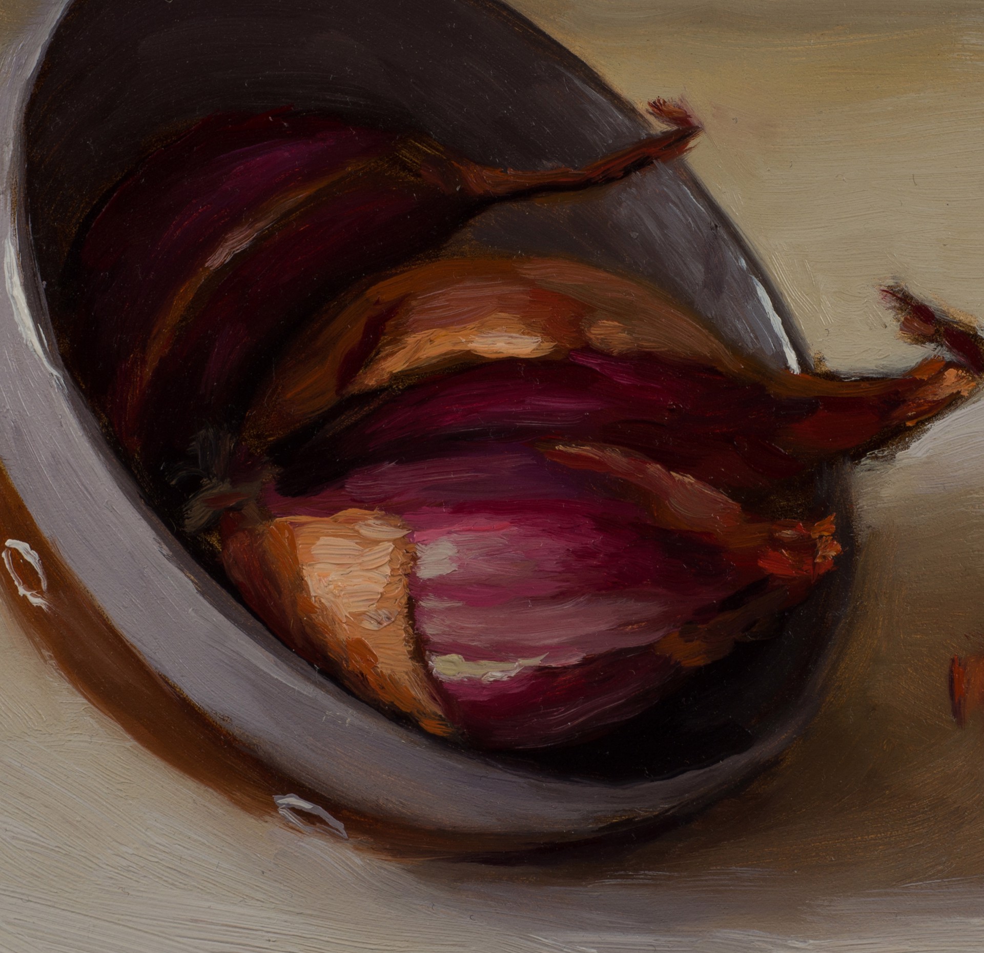 A painting of an onion in a bowl on a table.