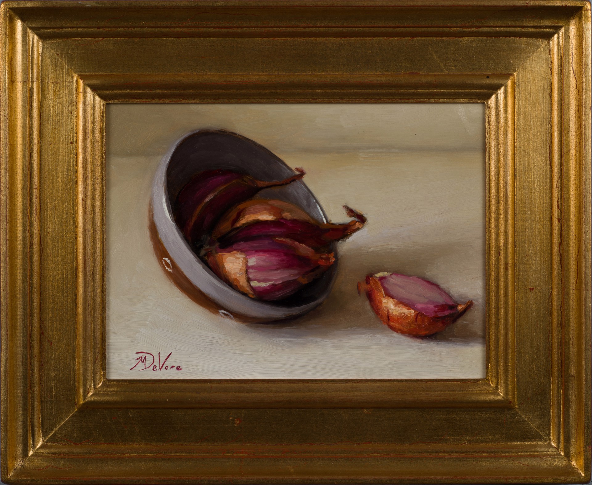 A painting of an onion in a bowl on a table.