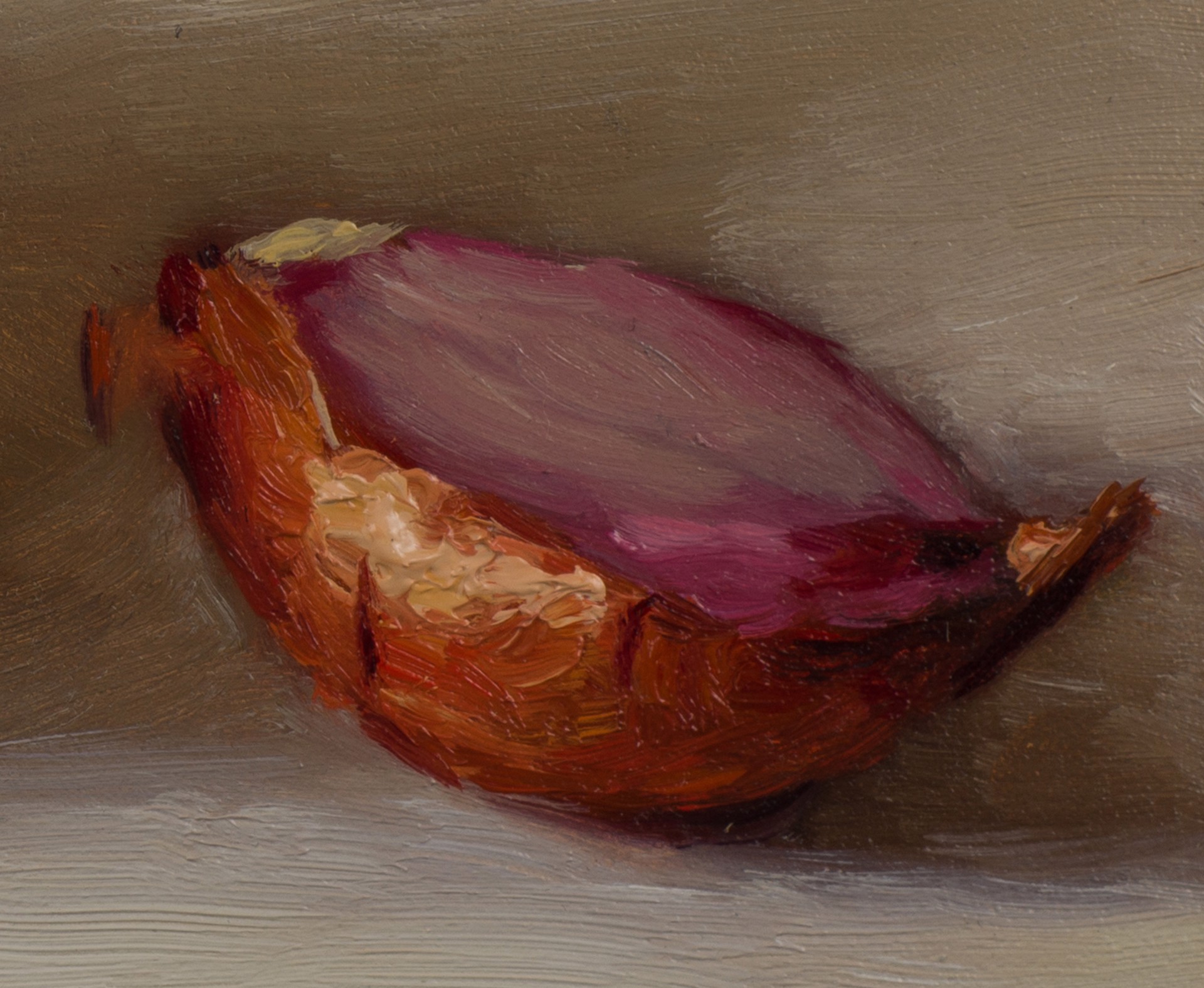 A painting of an onion in a bowl on a table.