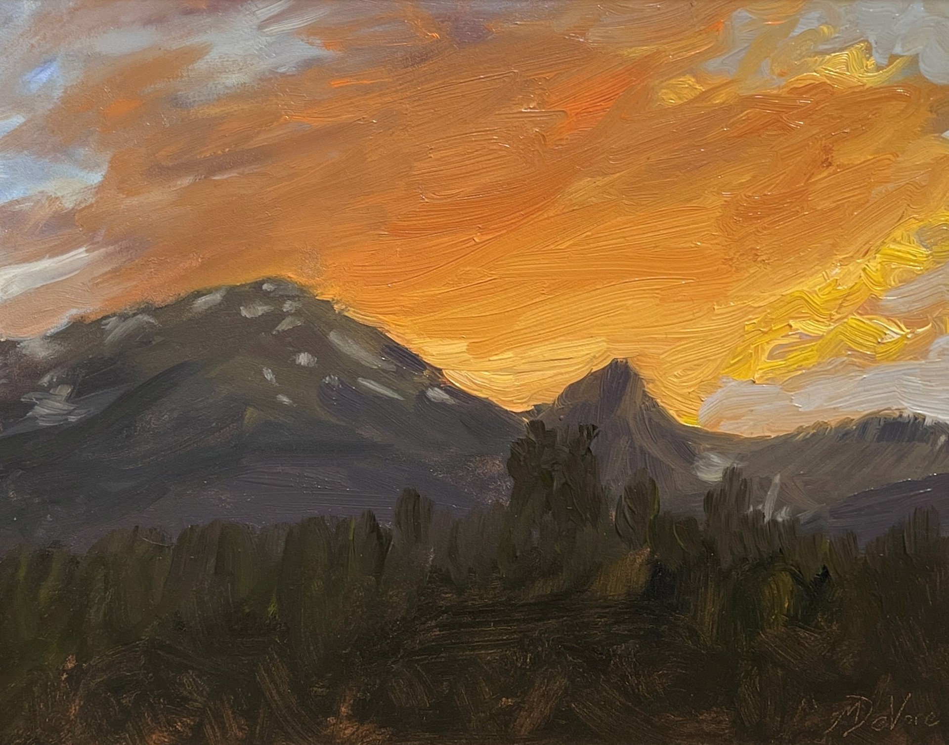 A painting of a sunset over a mountain range.