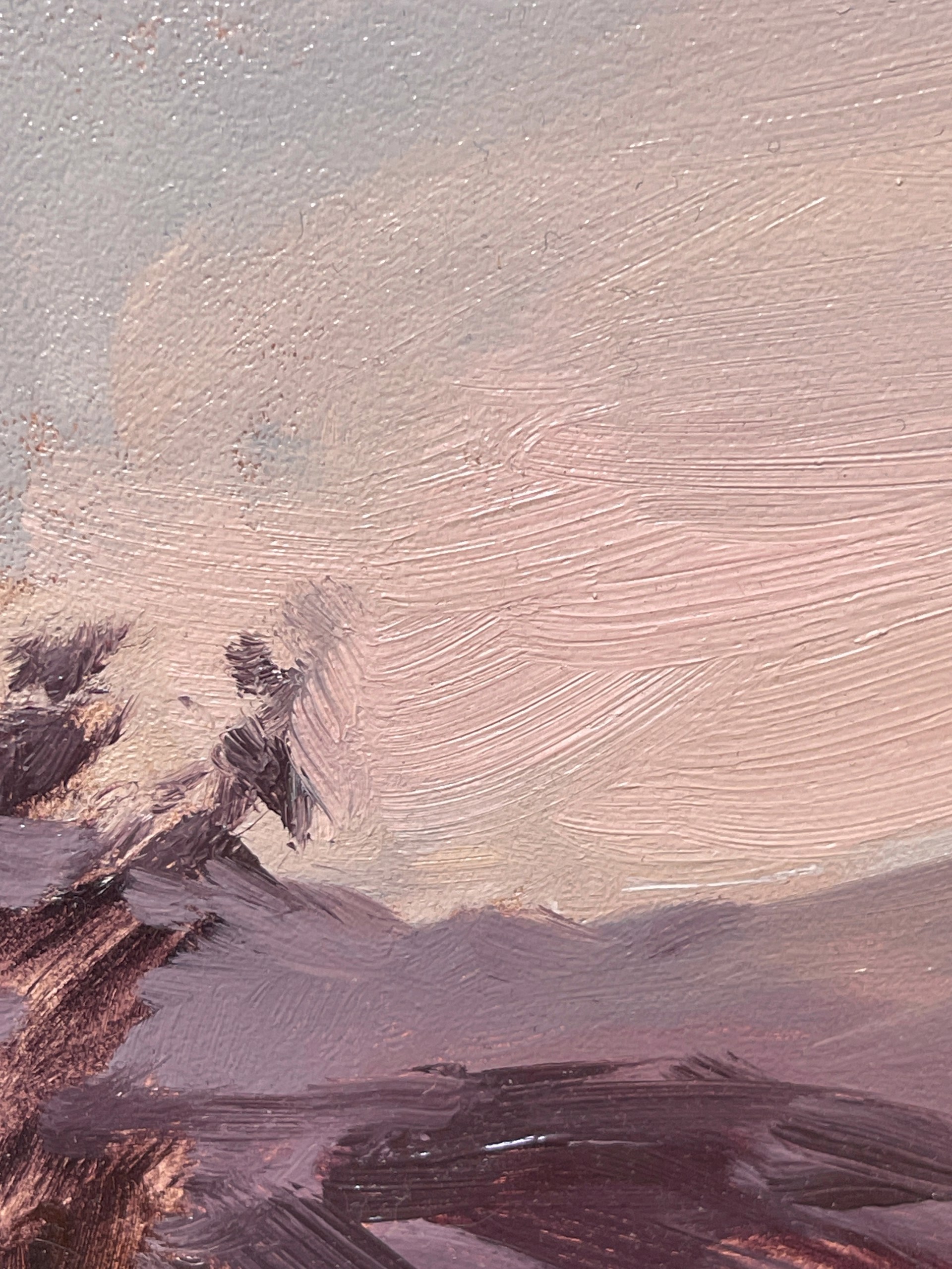 A painting of a mountain landscape with trees in the foreground.
