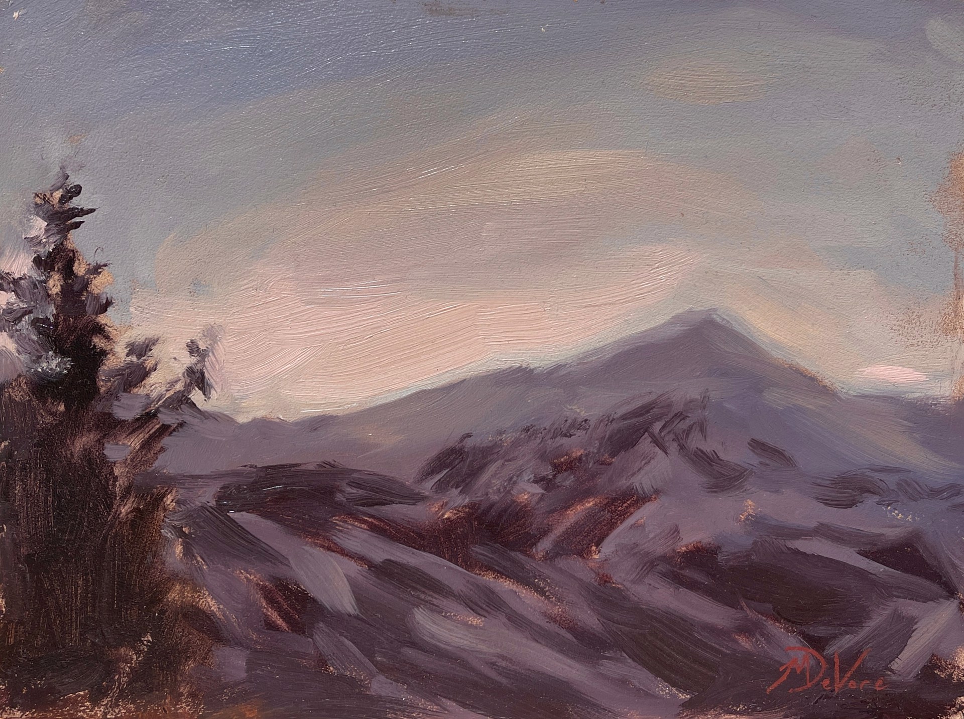 A painting of a mountain landscape with trees in the foreground.