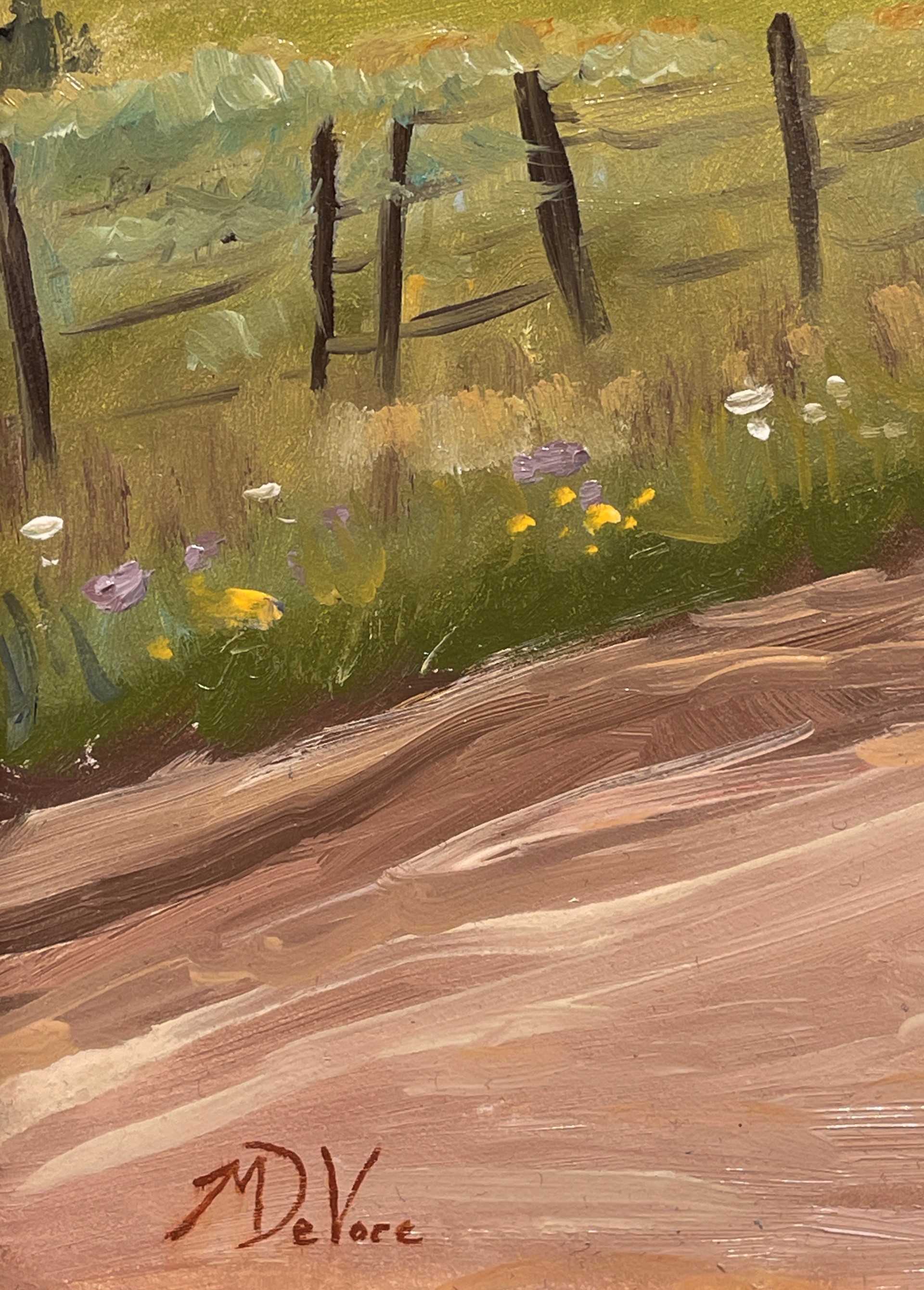 A painting of a dirt road in the middle of a field.