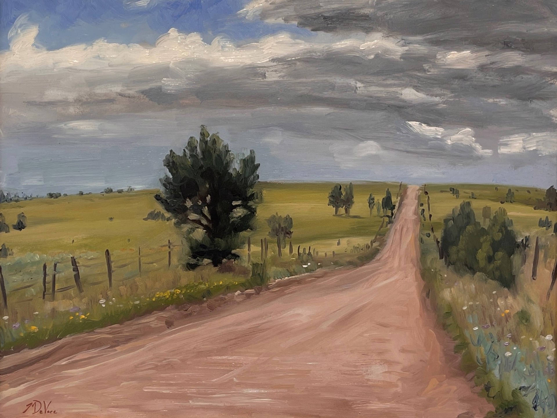 A painting of a dirt road in the middle of a field.