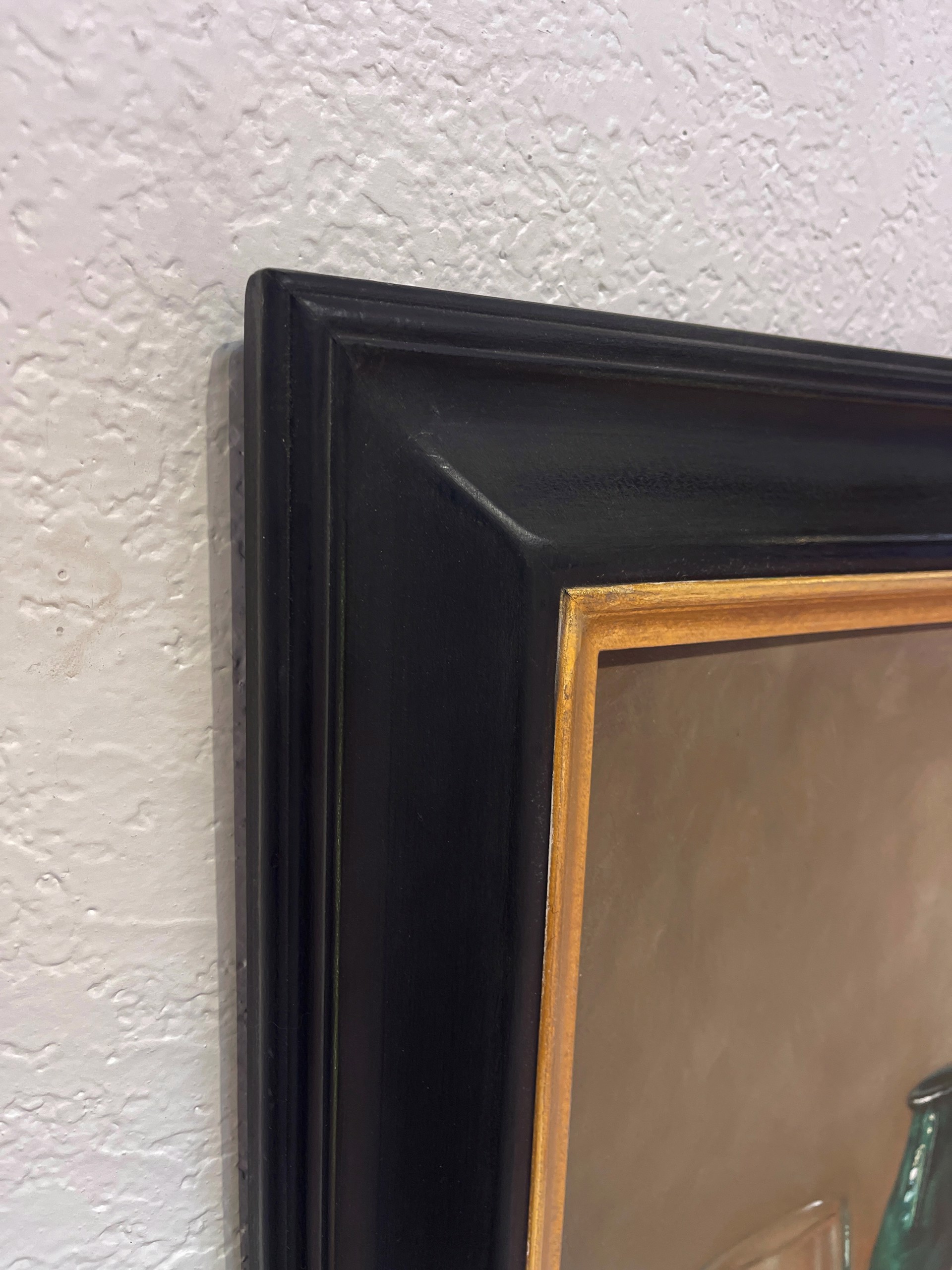A painting of a vase, a bowl and a glass on a table.