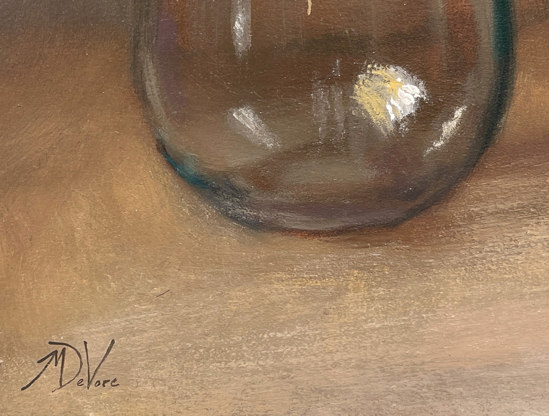 A painting of a vase, a bowl and a glass on a table.