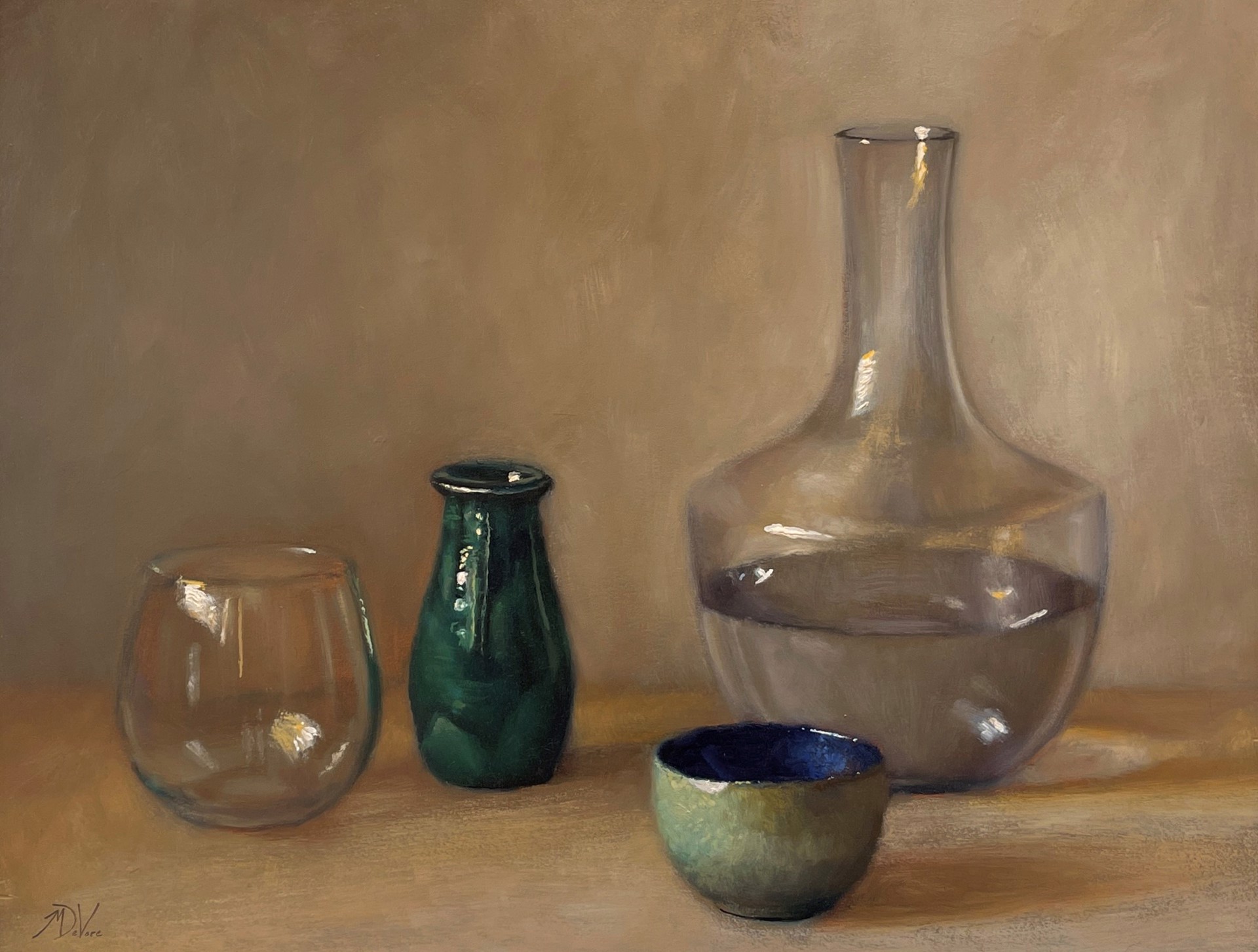 A painting of a vase, a bowl and a glass on a table.