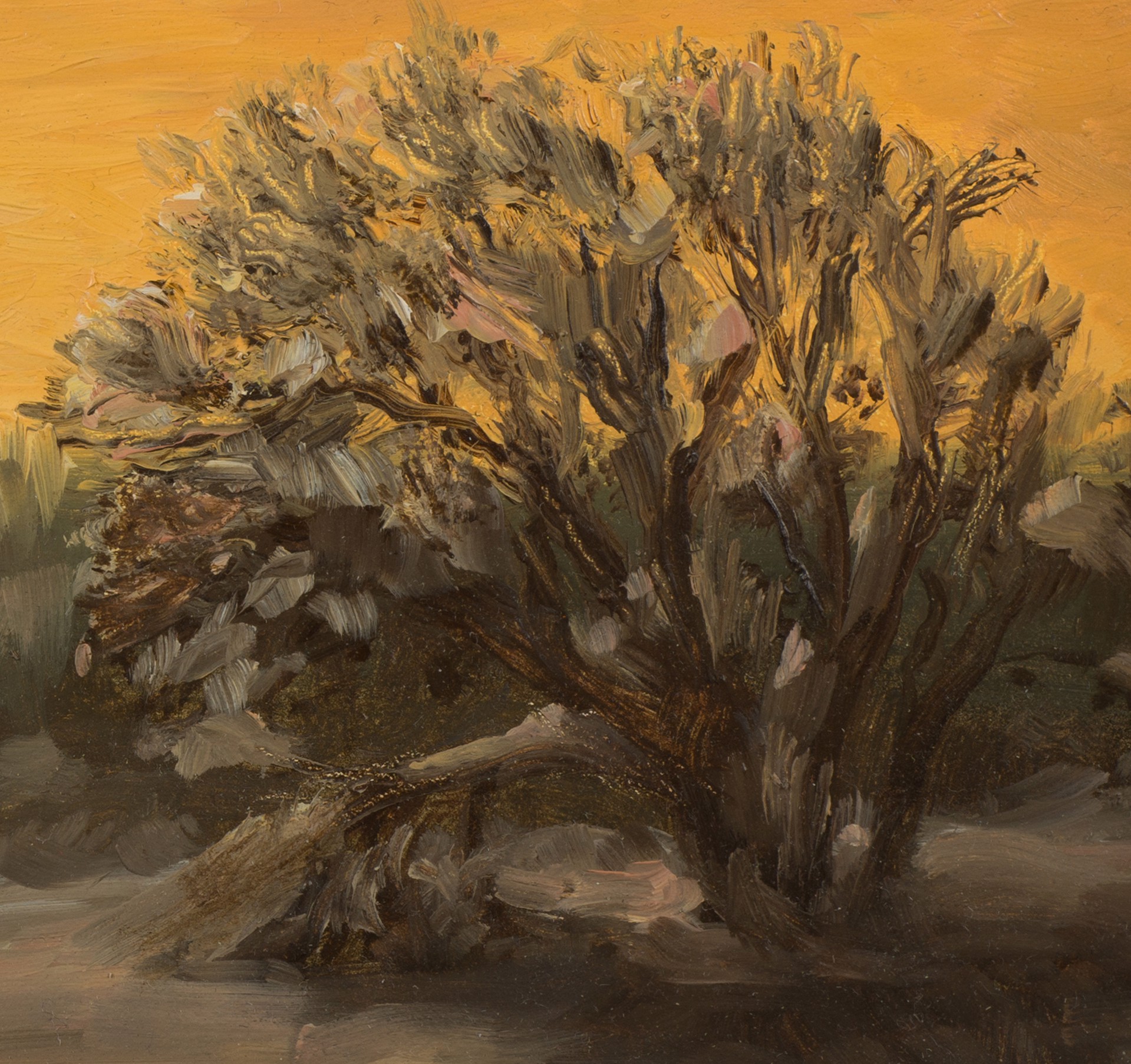 A painting of a sunset with a lone tree in the foreground.