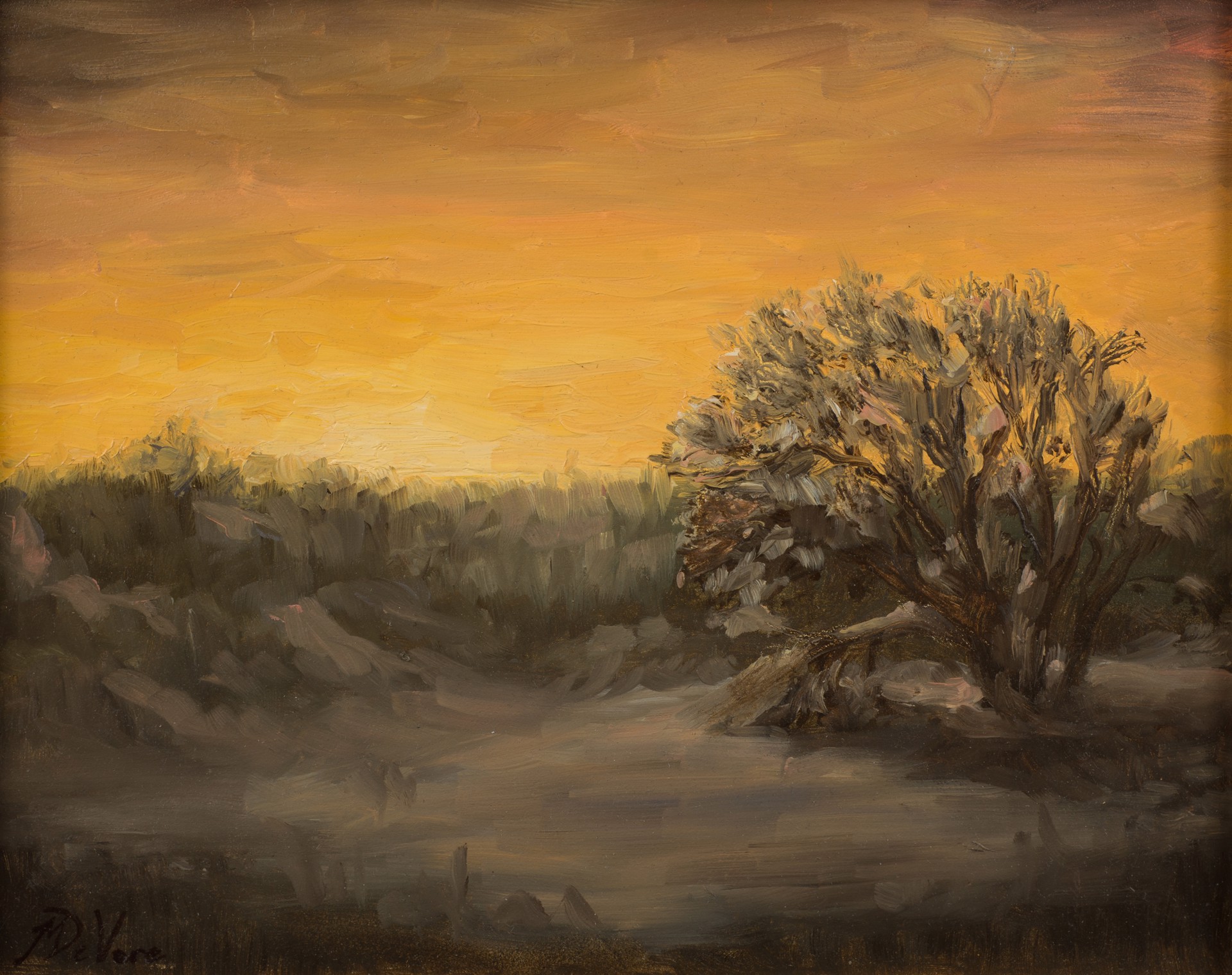 A painting of a sunset with a lone tree in the foreground.