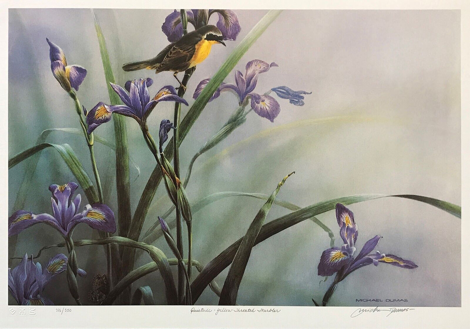 A painting of a bird sitting on top of a purple flower.