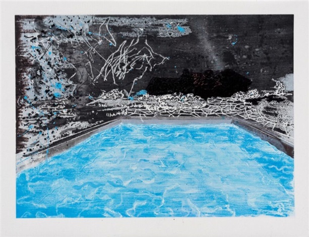 Artwork by Michael Raedecker, Day at Night, Made of Laser printer pigment transfer, dispersion, acrylic, glitter, and thread on canvas 