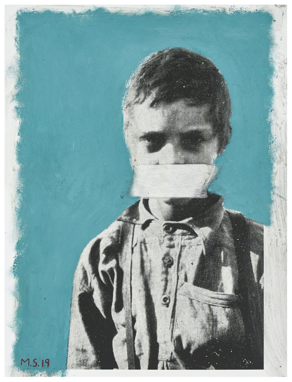 Artwork by Mikhael Subotzky, Education and the Poor White (or Boy suffering from Malaria. His whole diet consists of mealiemeal and coffee – all without sugar or milk), Made of Ink , oil pastel and Micropore tape on paper 