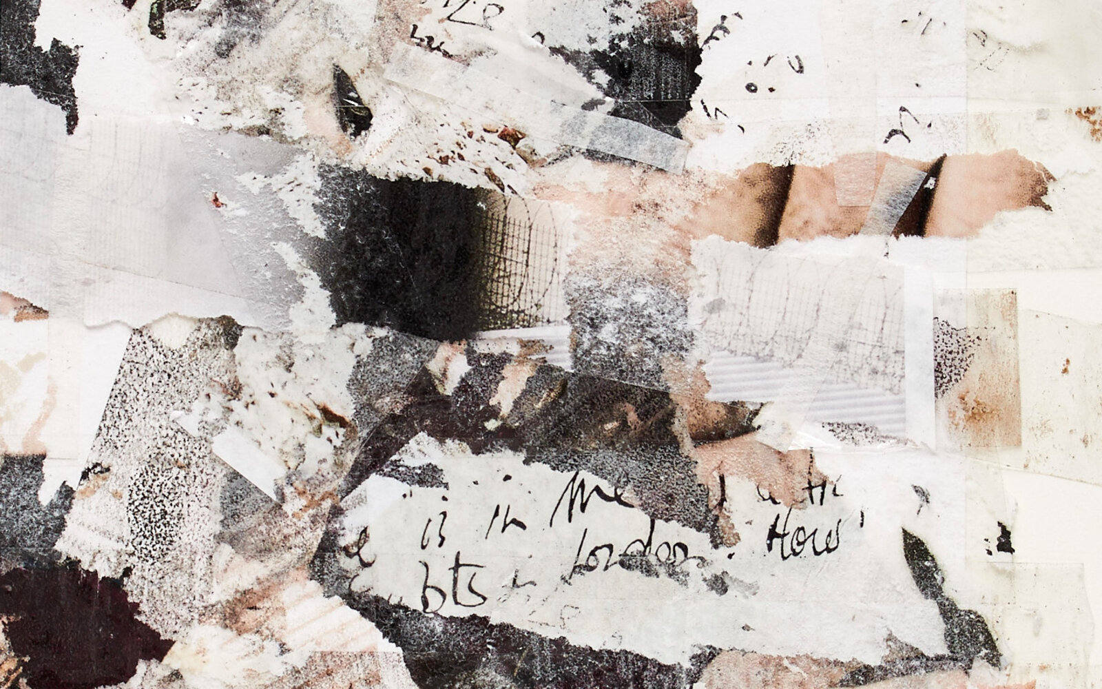 A collage of torn pieces of paper on a white surface.