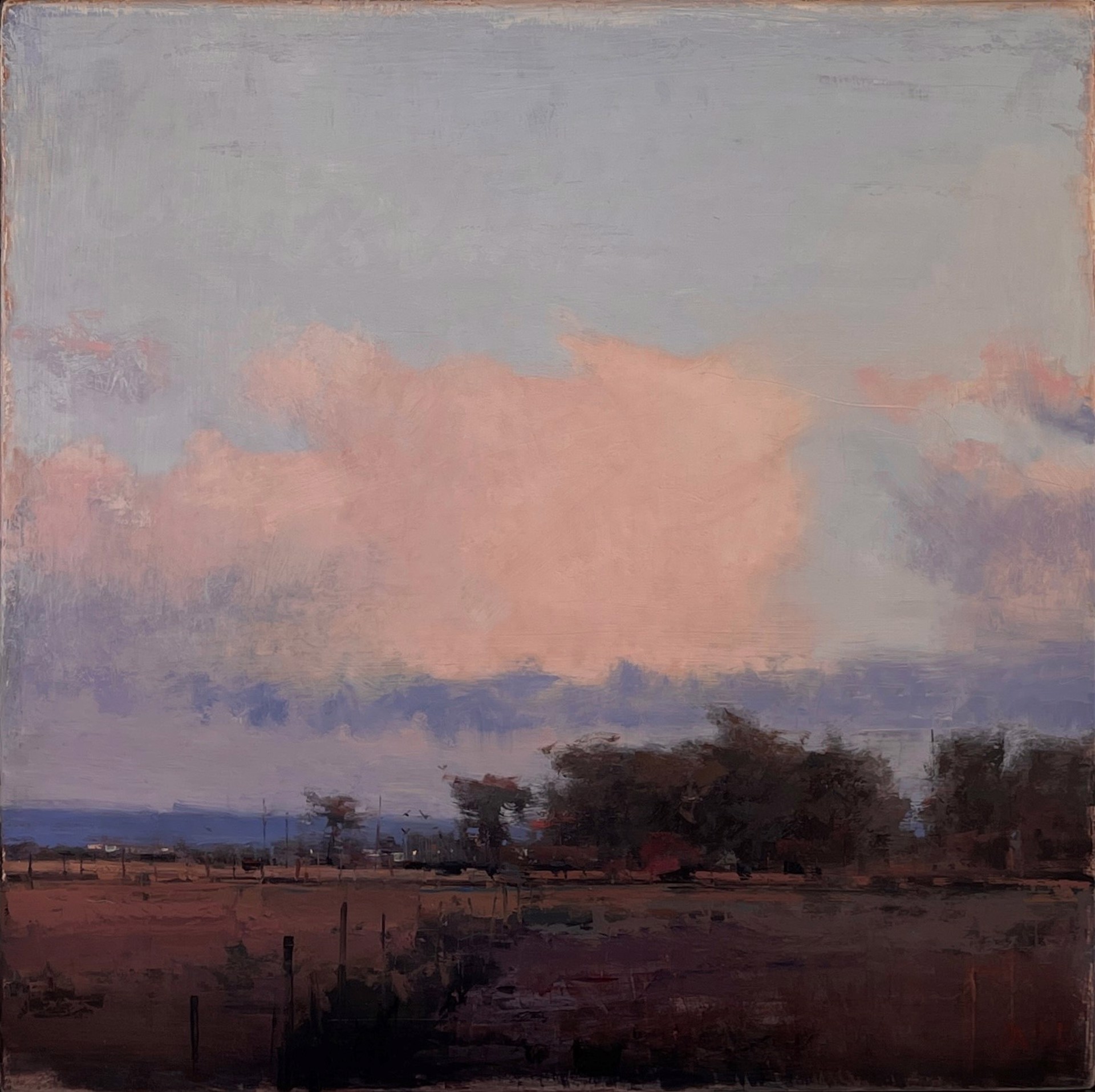 A painting of a field with trees in the distance.