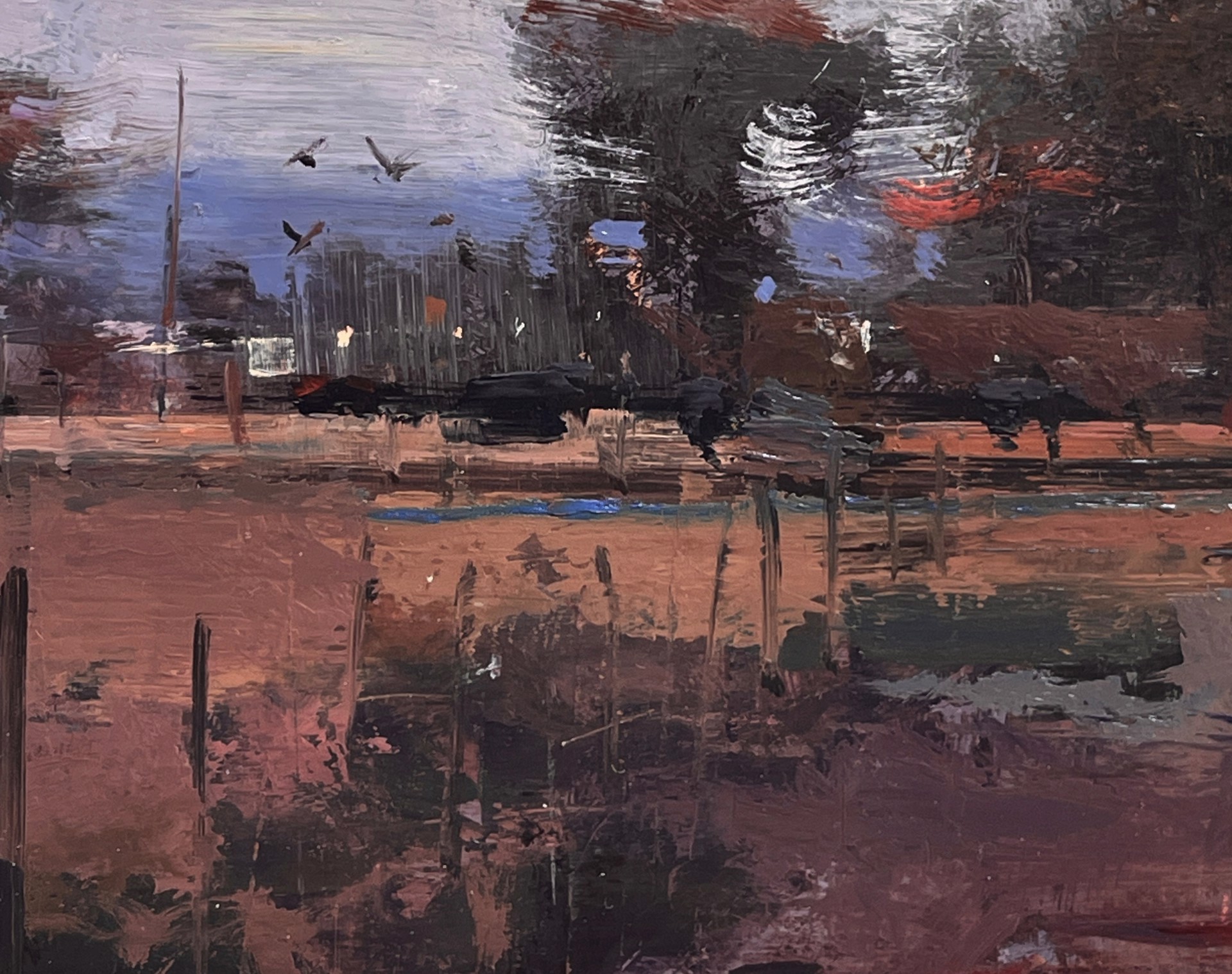 A painting of a field with trees in the distance.