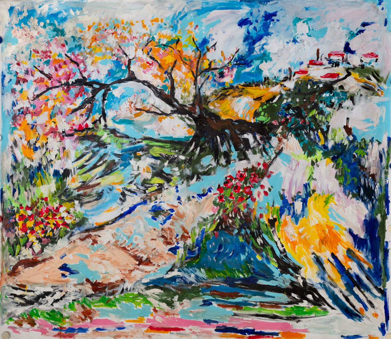 A painting of a tree in the middle of a field.