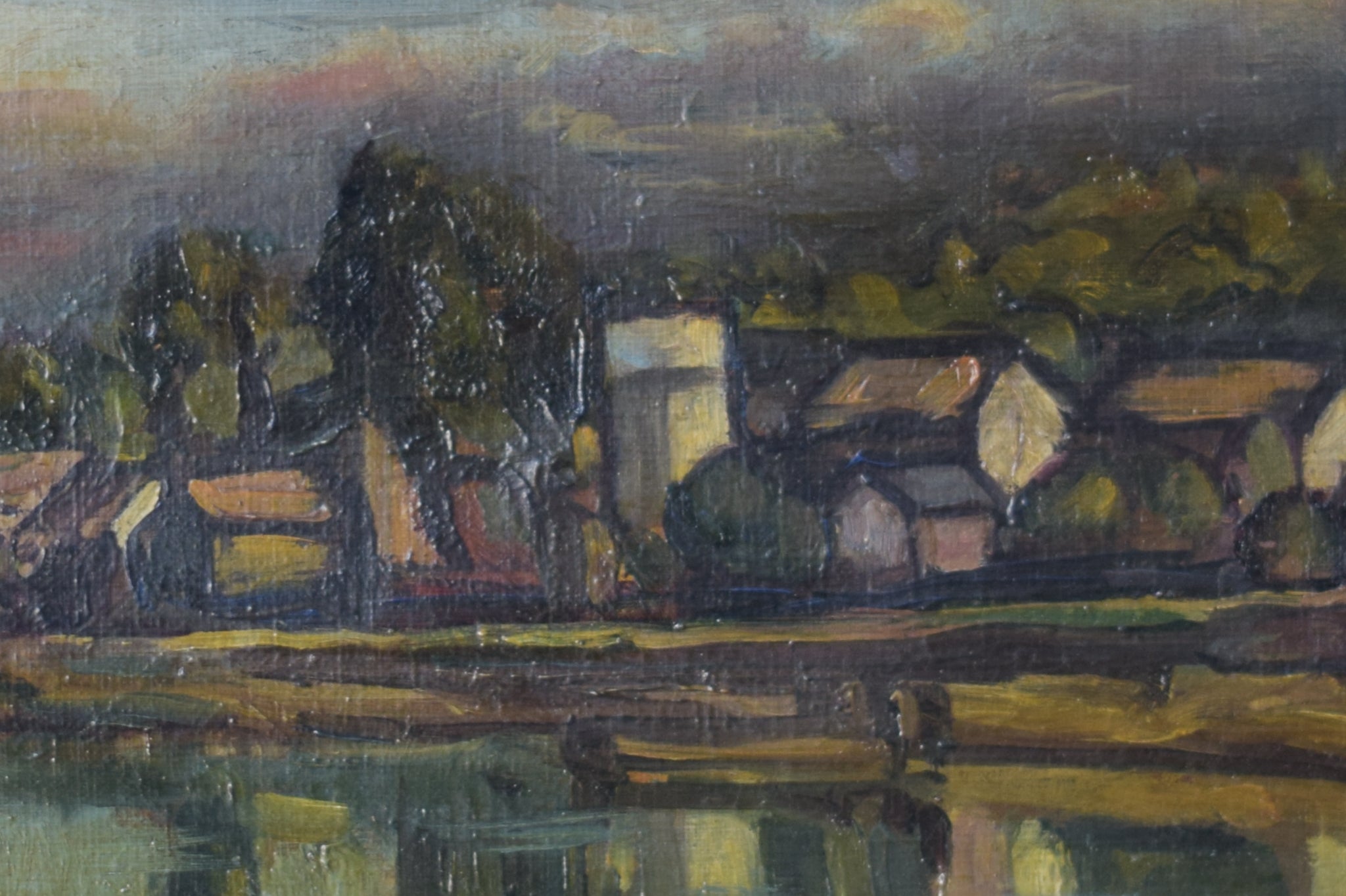 A painting of a landscape with a lake and houses.