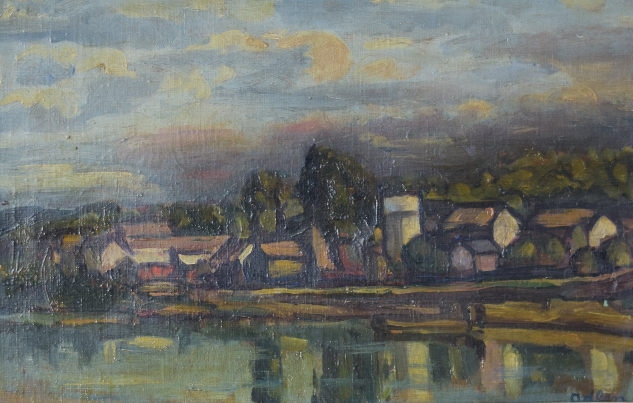 A painting of a landscape with a lake and houses.