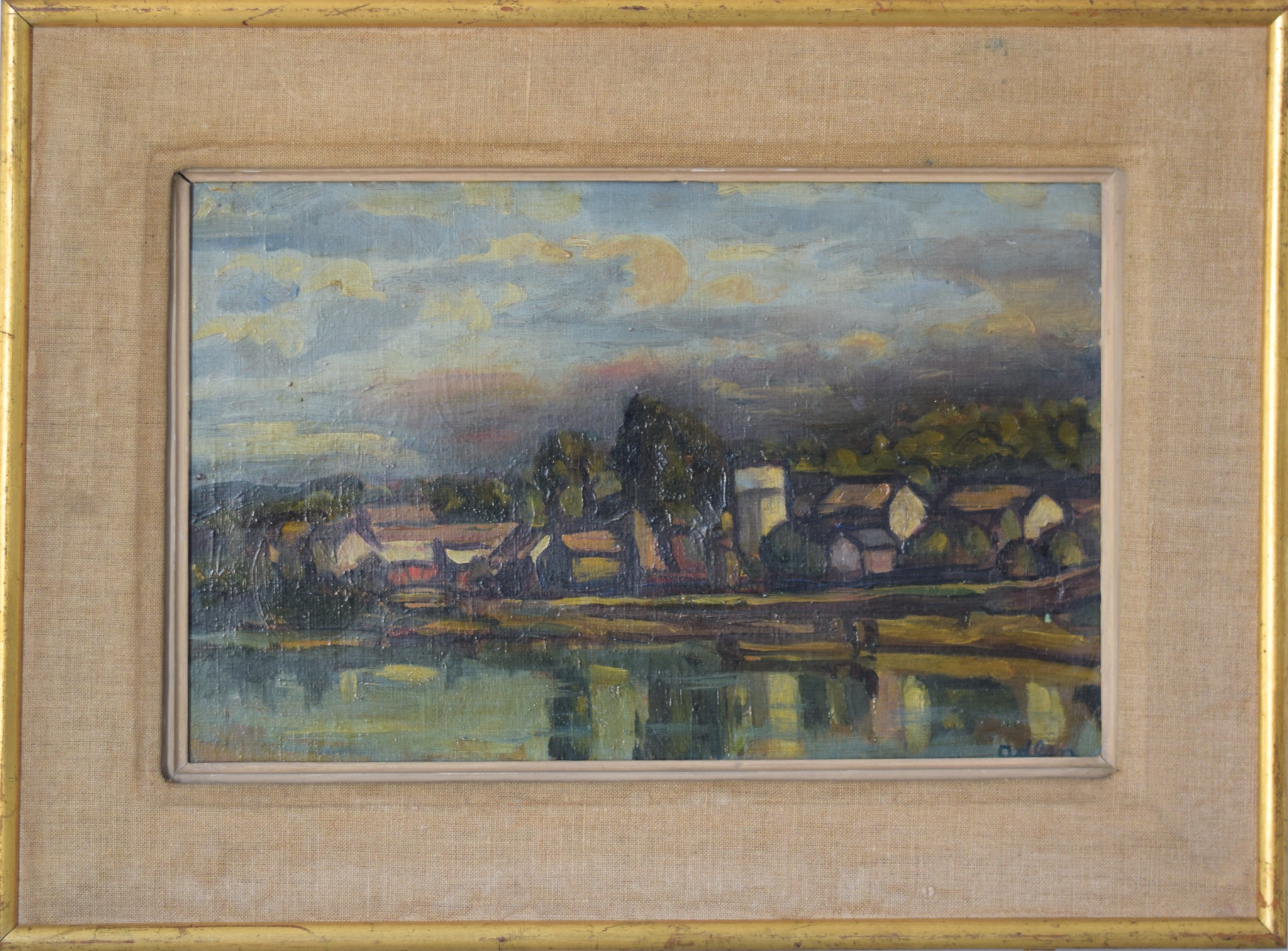 A painting of a landscape with a lake and houses.