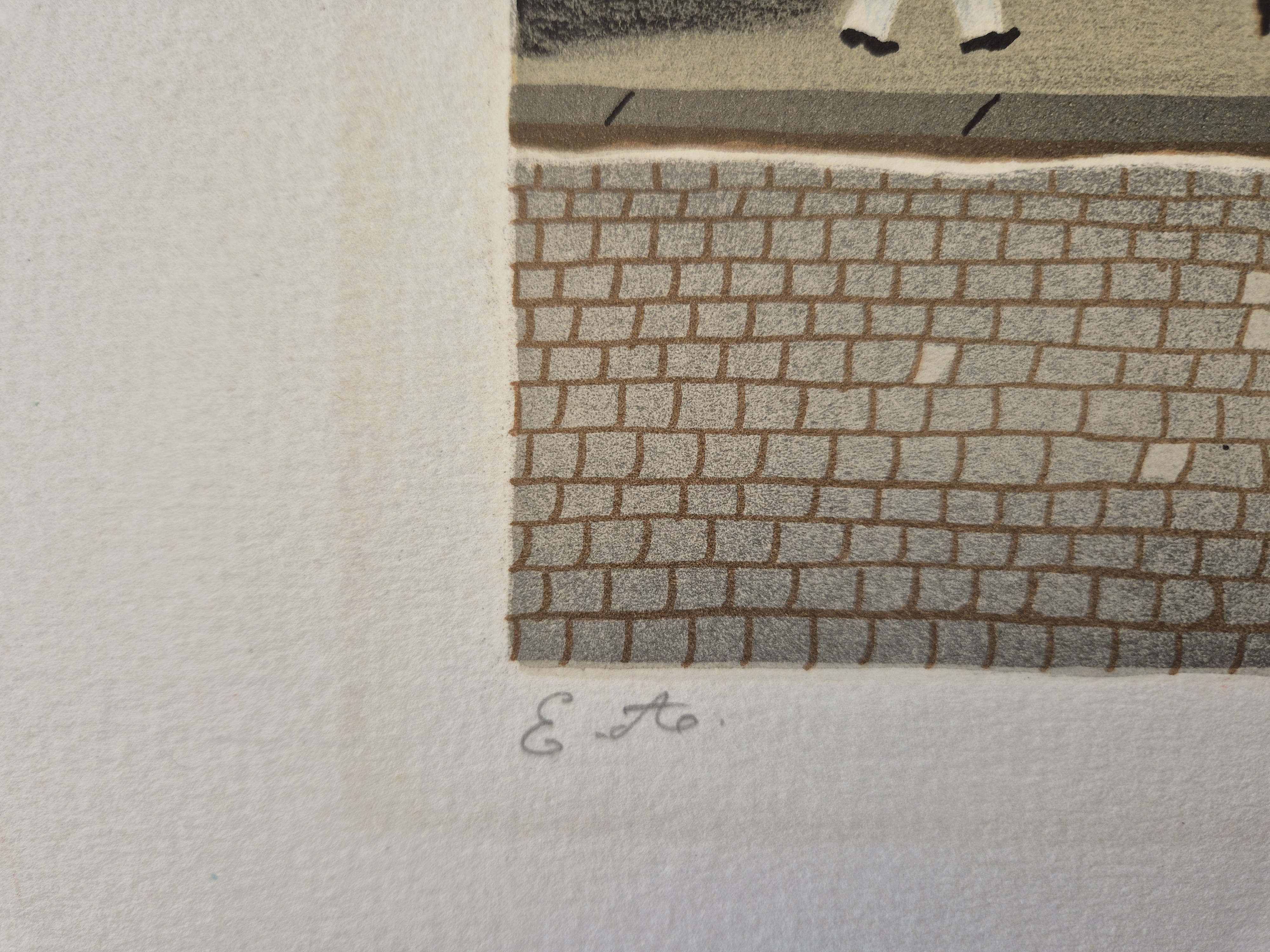 A painting of a city street scene with a horse drawn carriage.