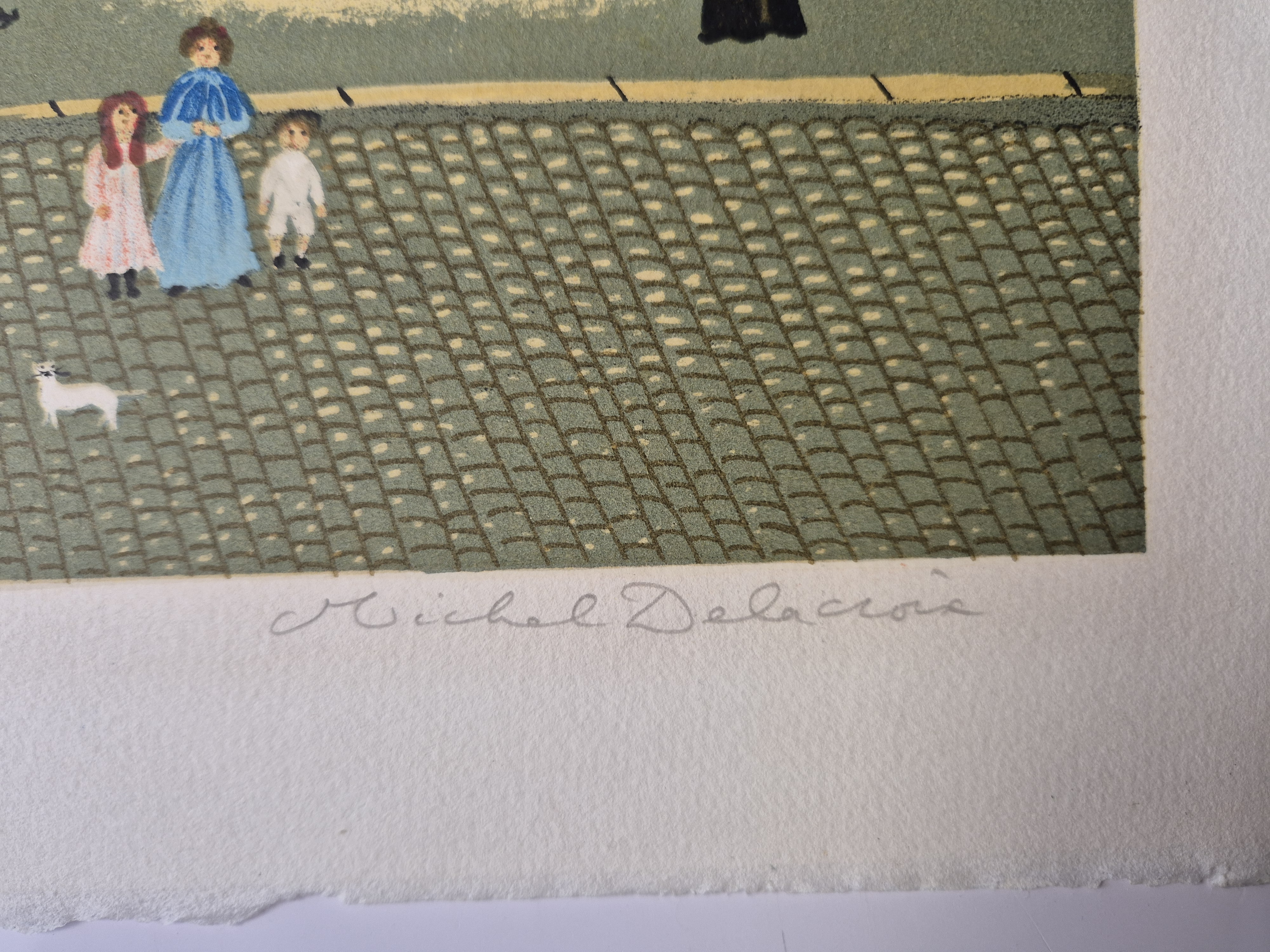 A painting of a city street scene with a horse drawn carriage.