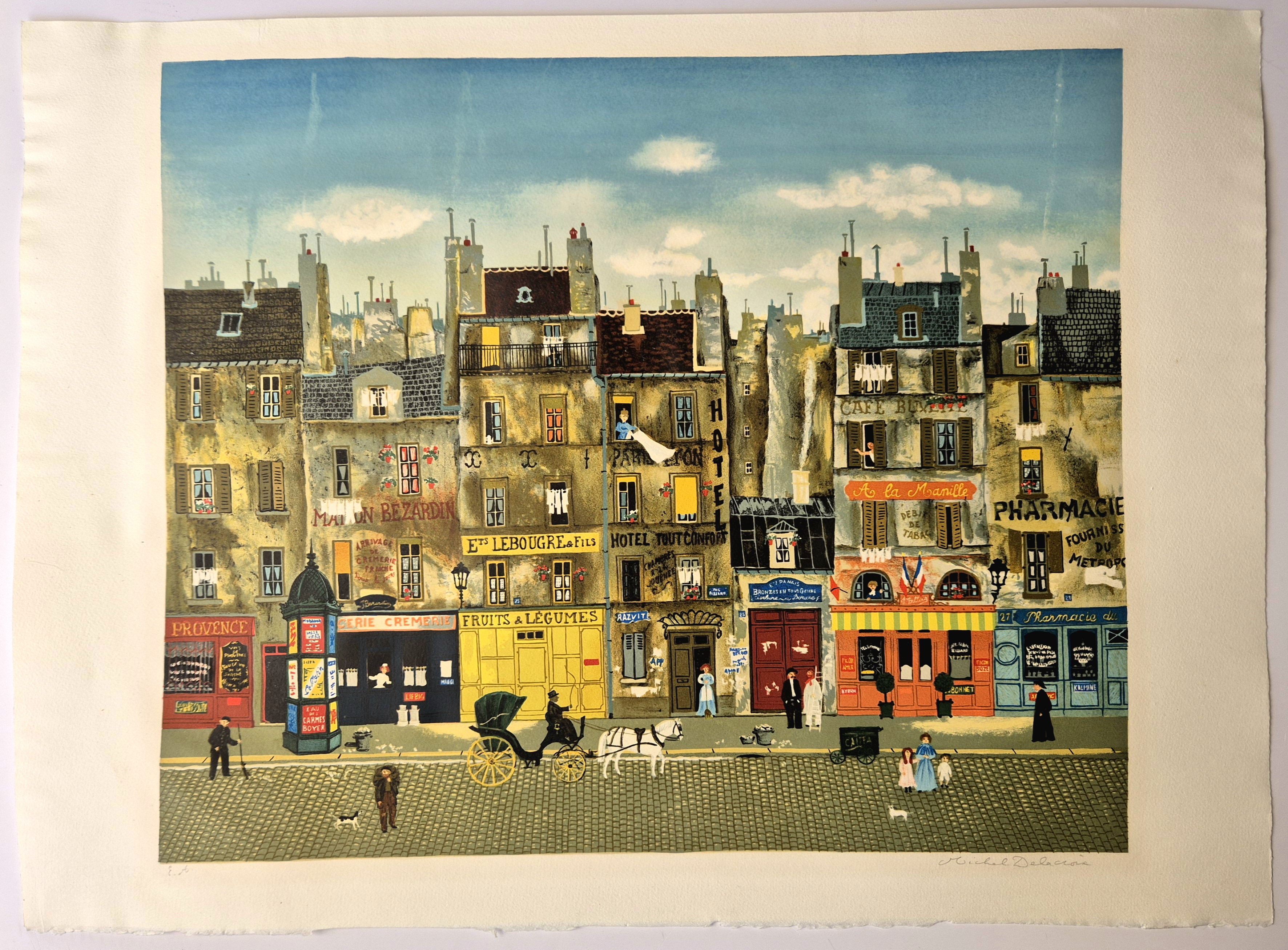 A painting of a city street scene with a horse drawn carriage.