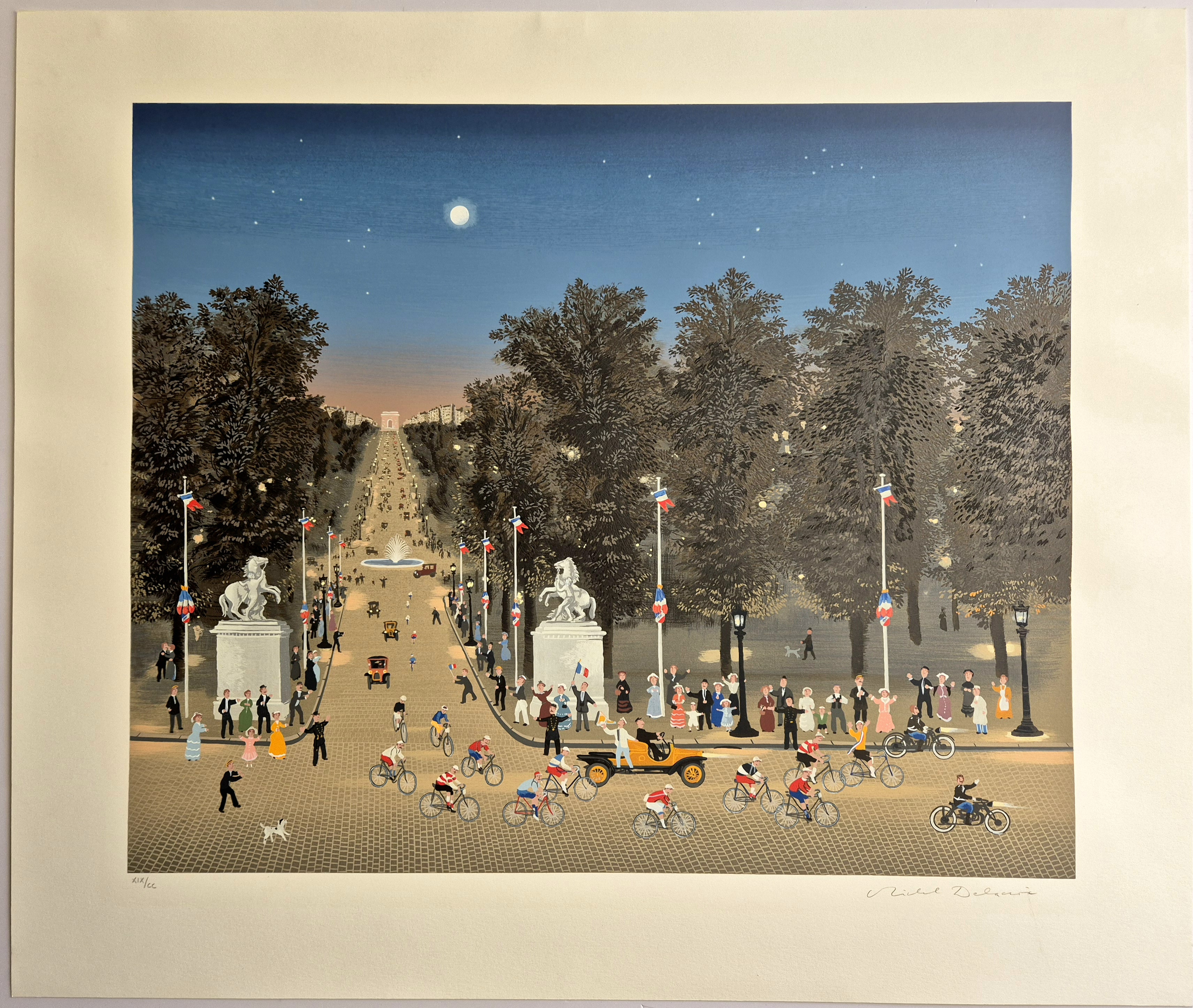 A painting of a city street filled with people and bicycles.