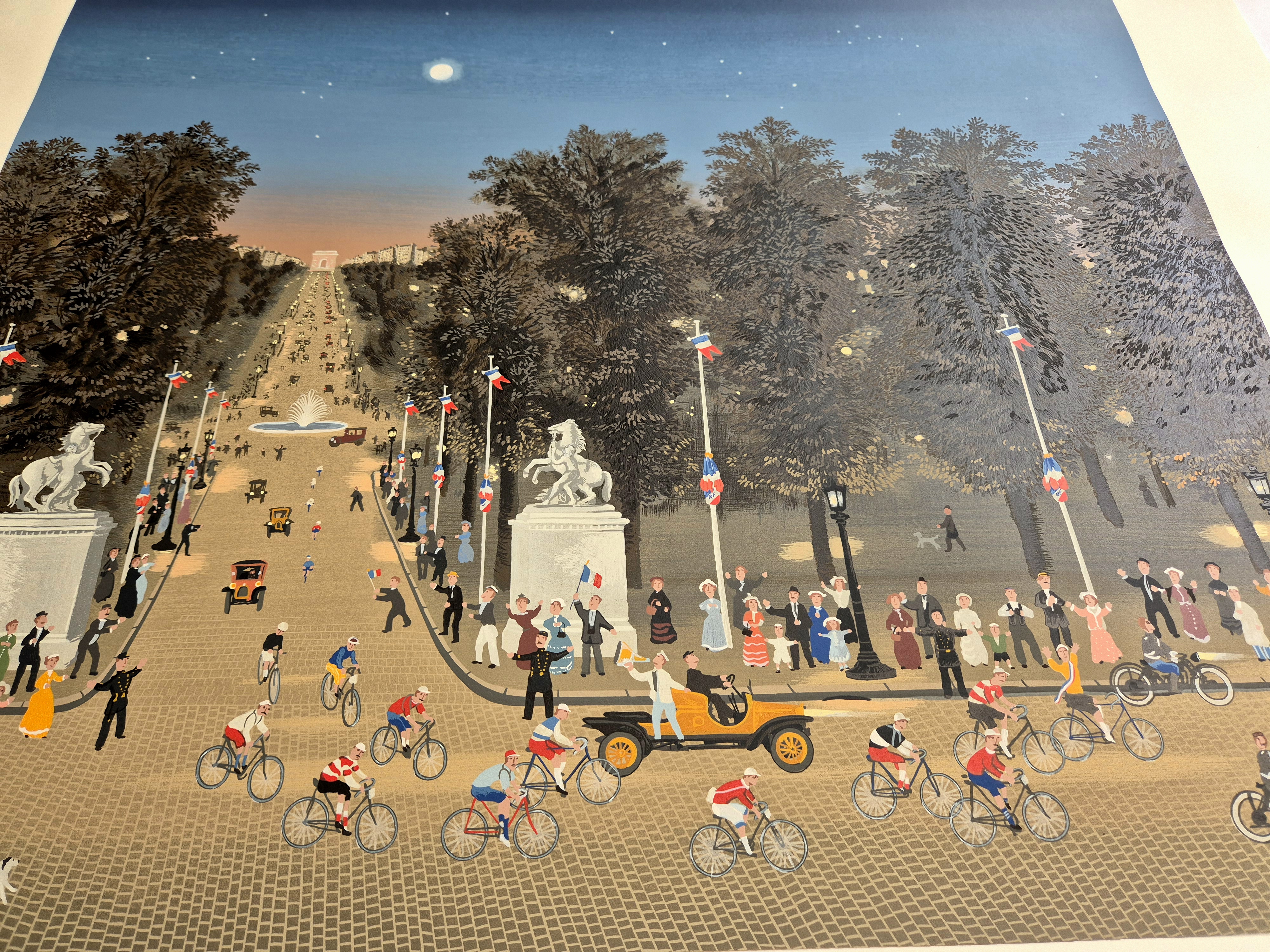 A painting of a city street filled with people and bicycles.