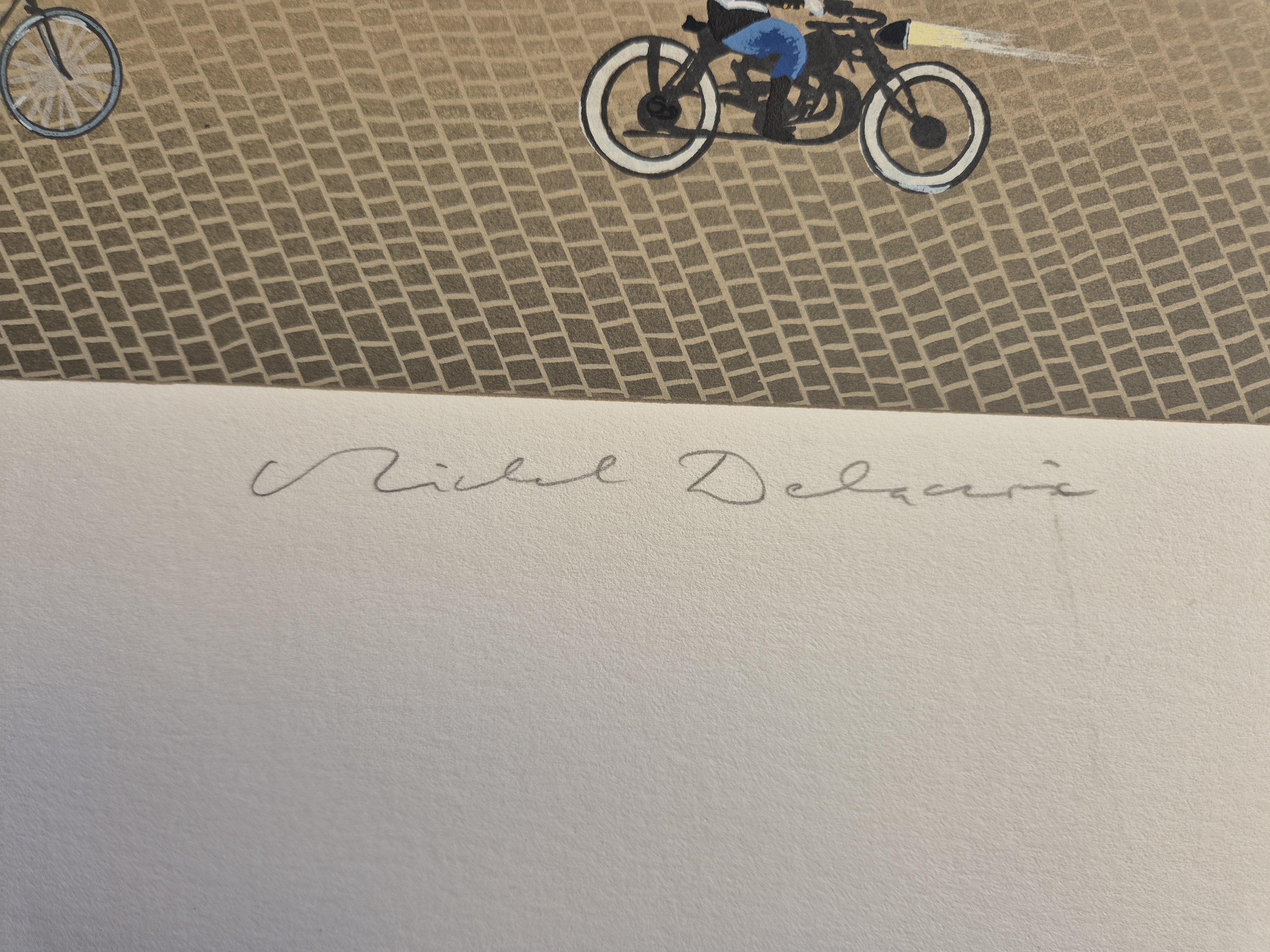 A painting of a city street filled with people and bicycles.