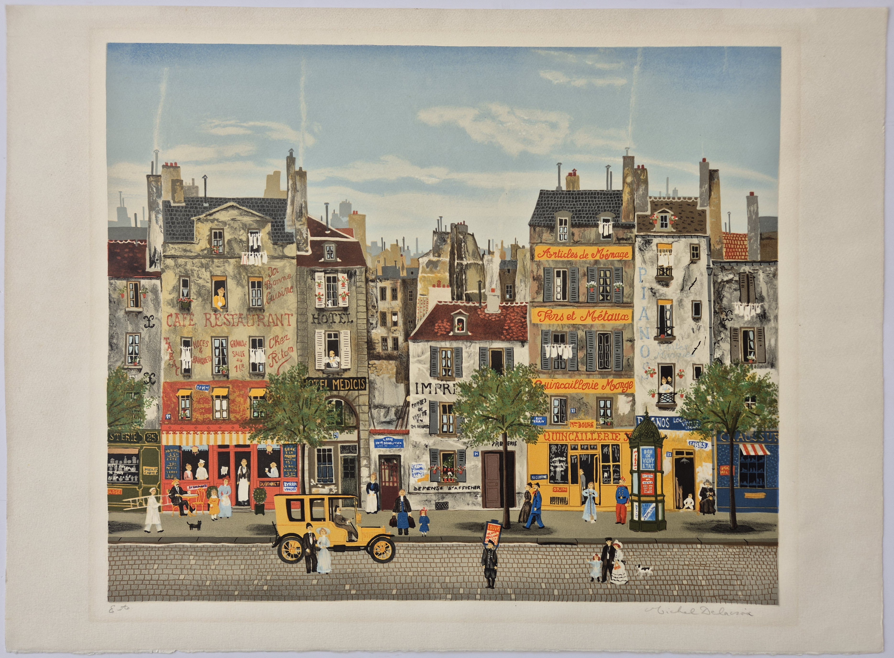 A painting of a city street scene with a yellow car parked in front of buildings.