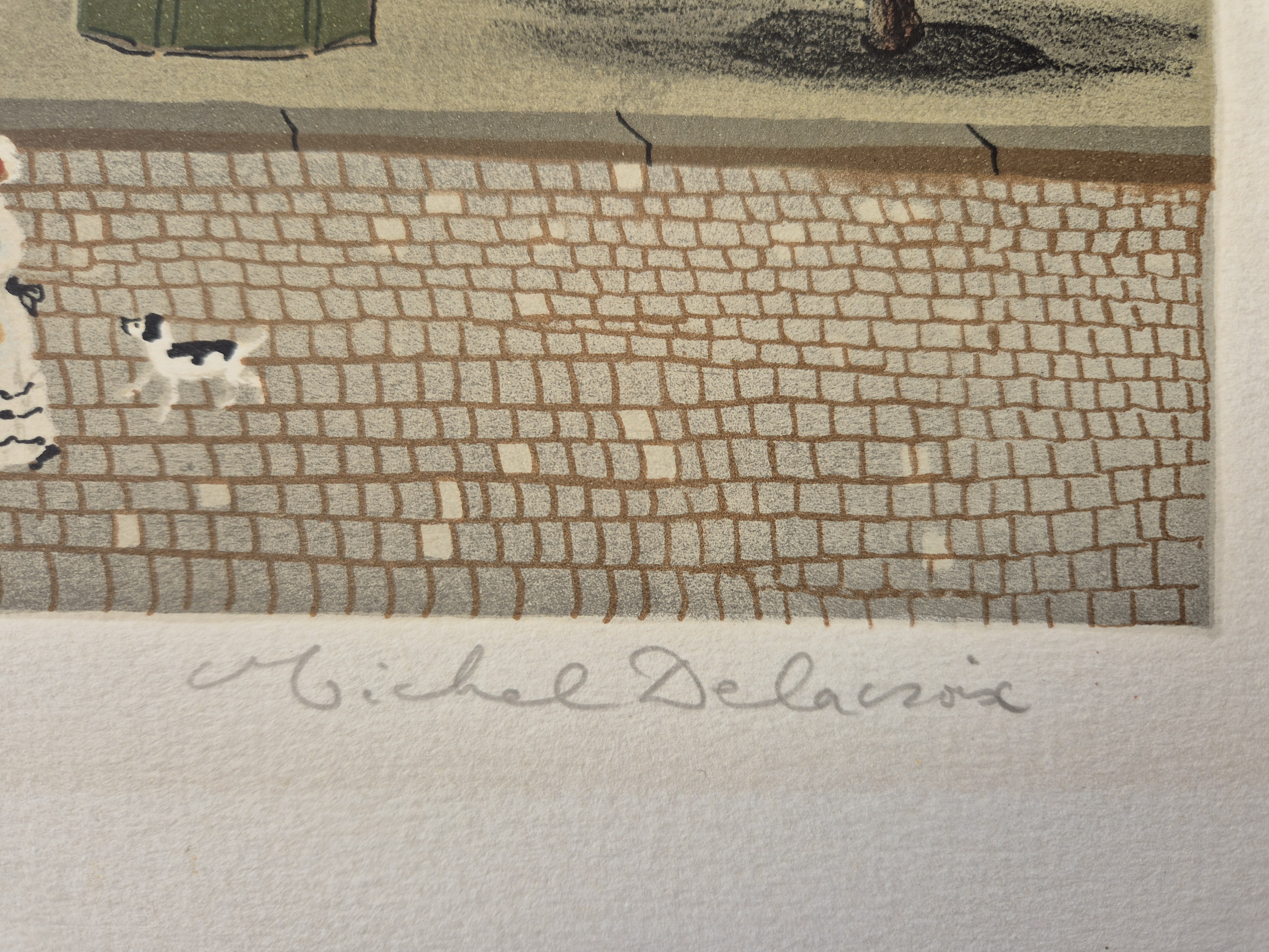 A painting of a city street scene with a yellow car parked in front of buildings.