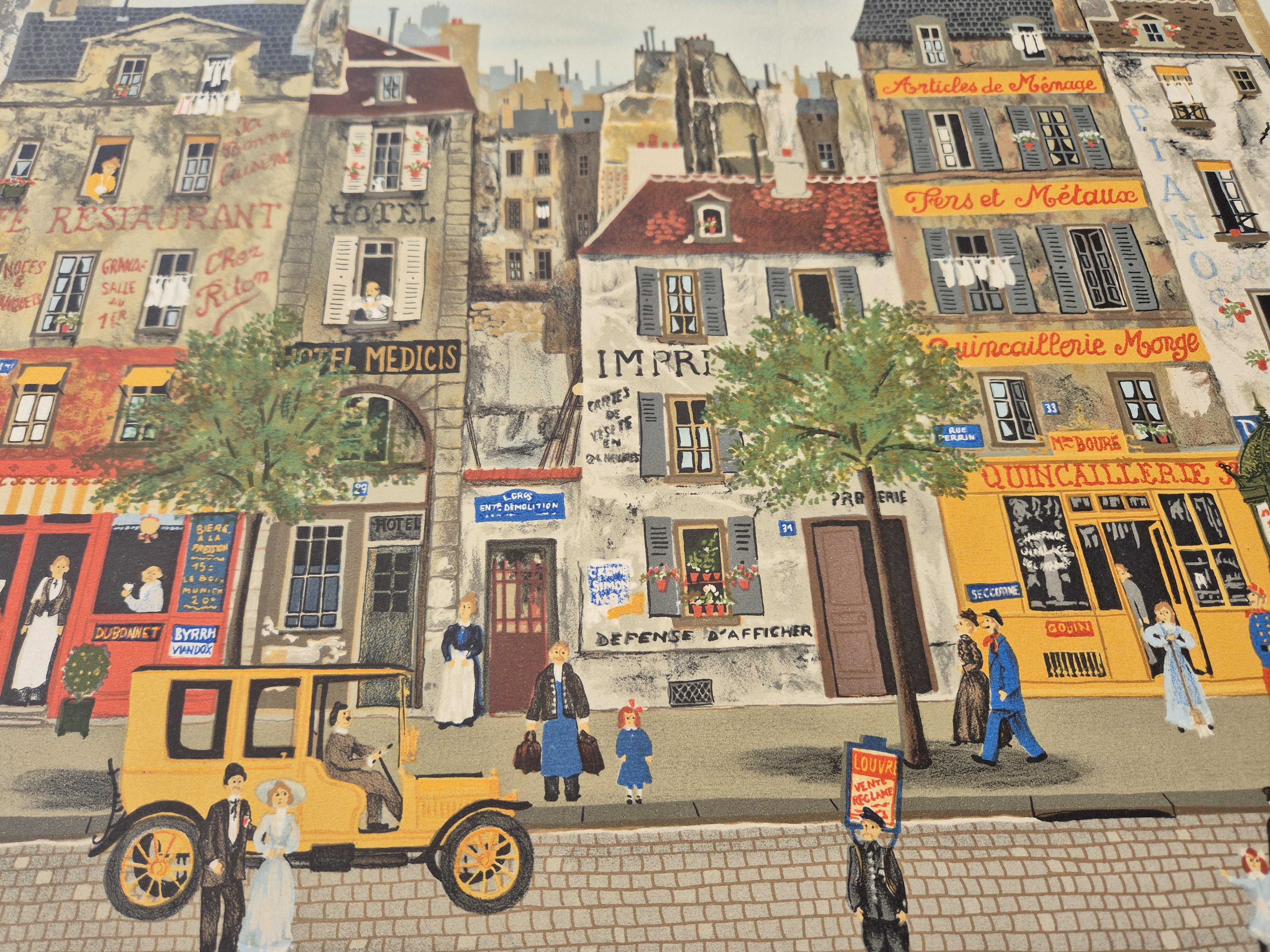 A painting of a city street scene with a yellow car parked in front of buildings.