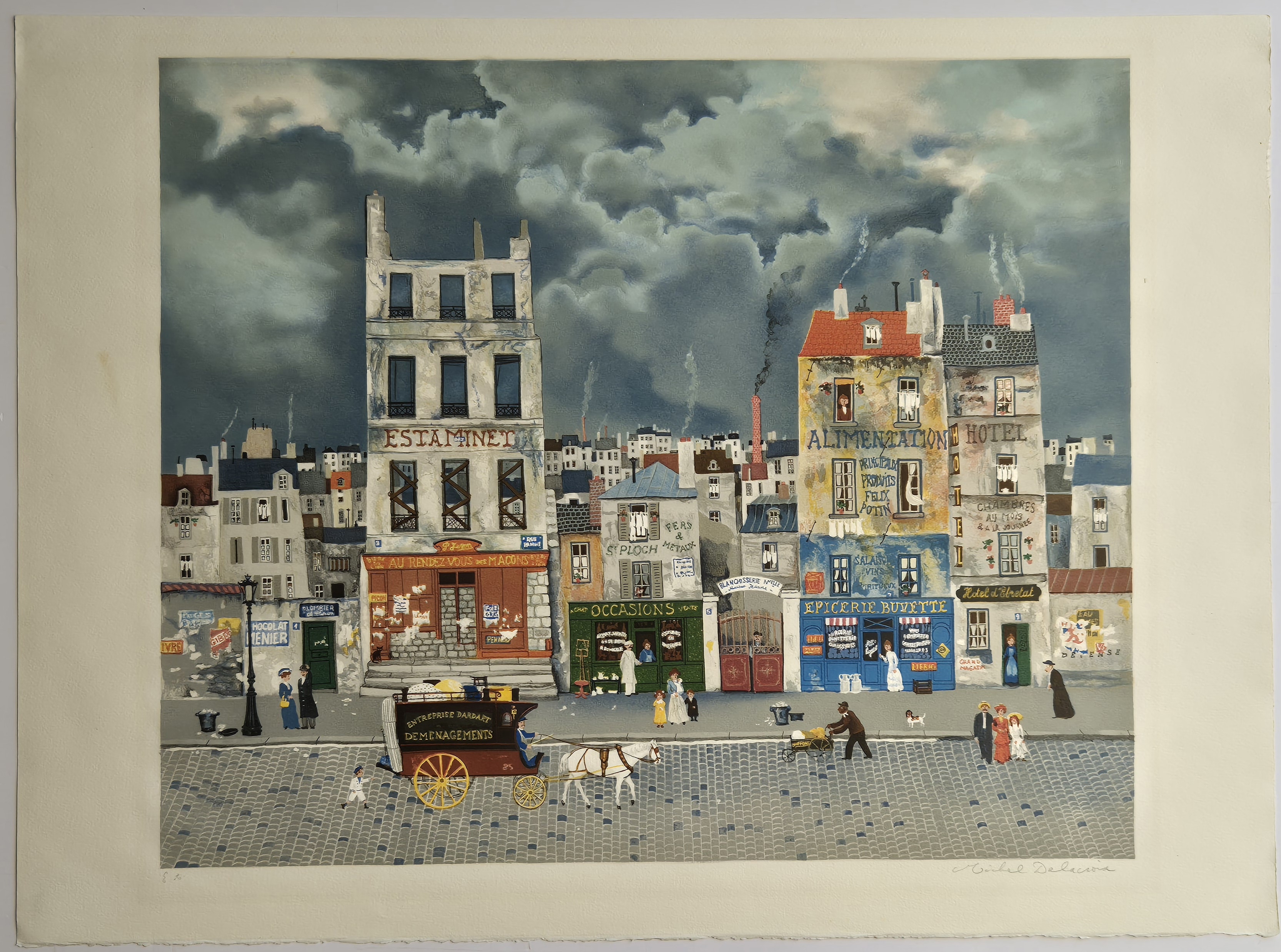 A painting of a city street scene with a horse drawn carriage.