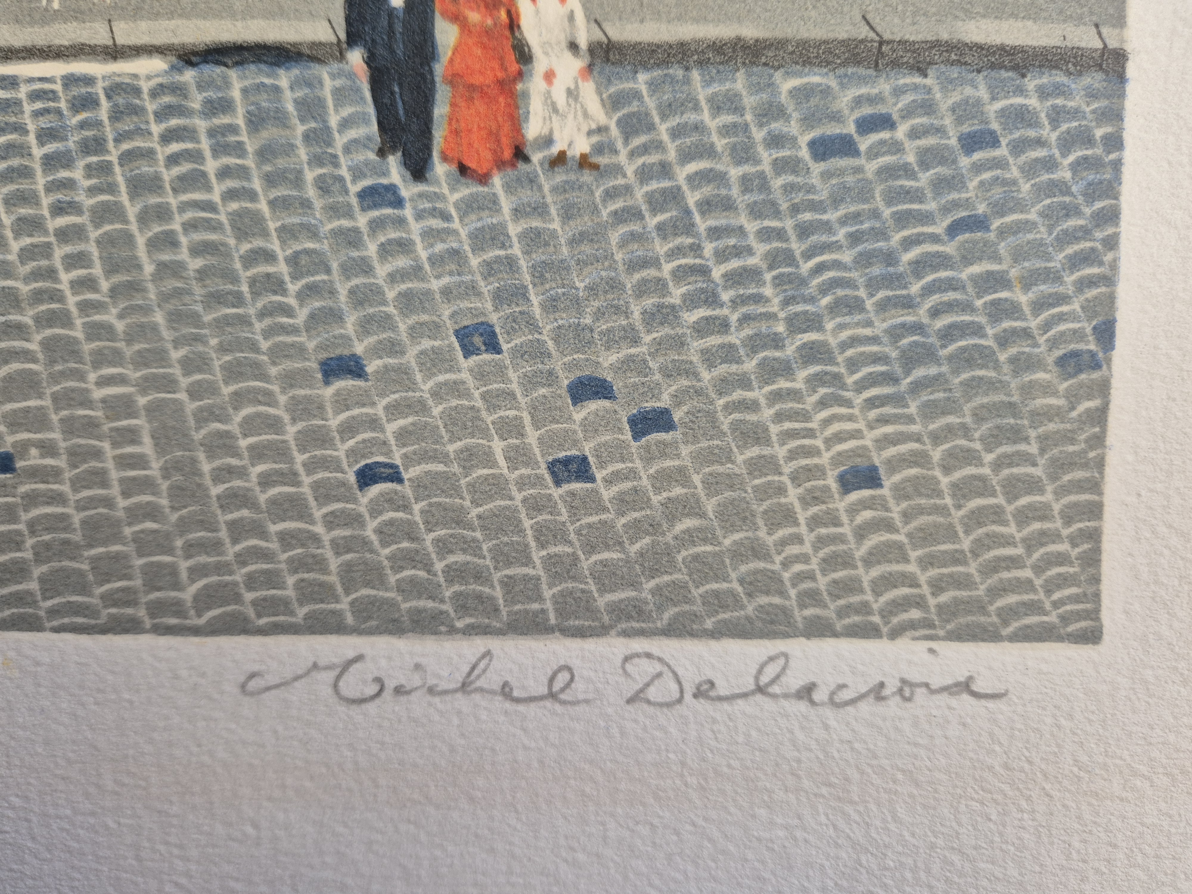 A painting of a city street scene with a horse drawn carriage.