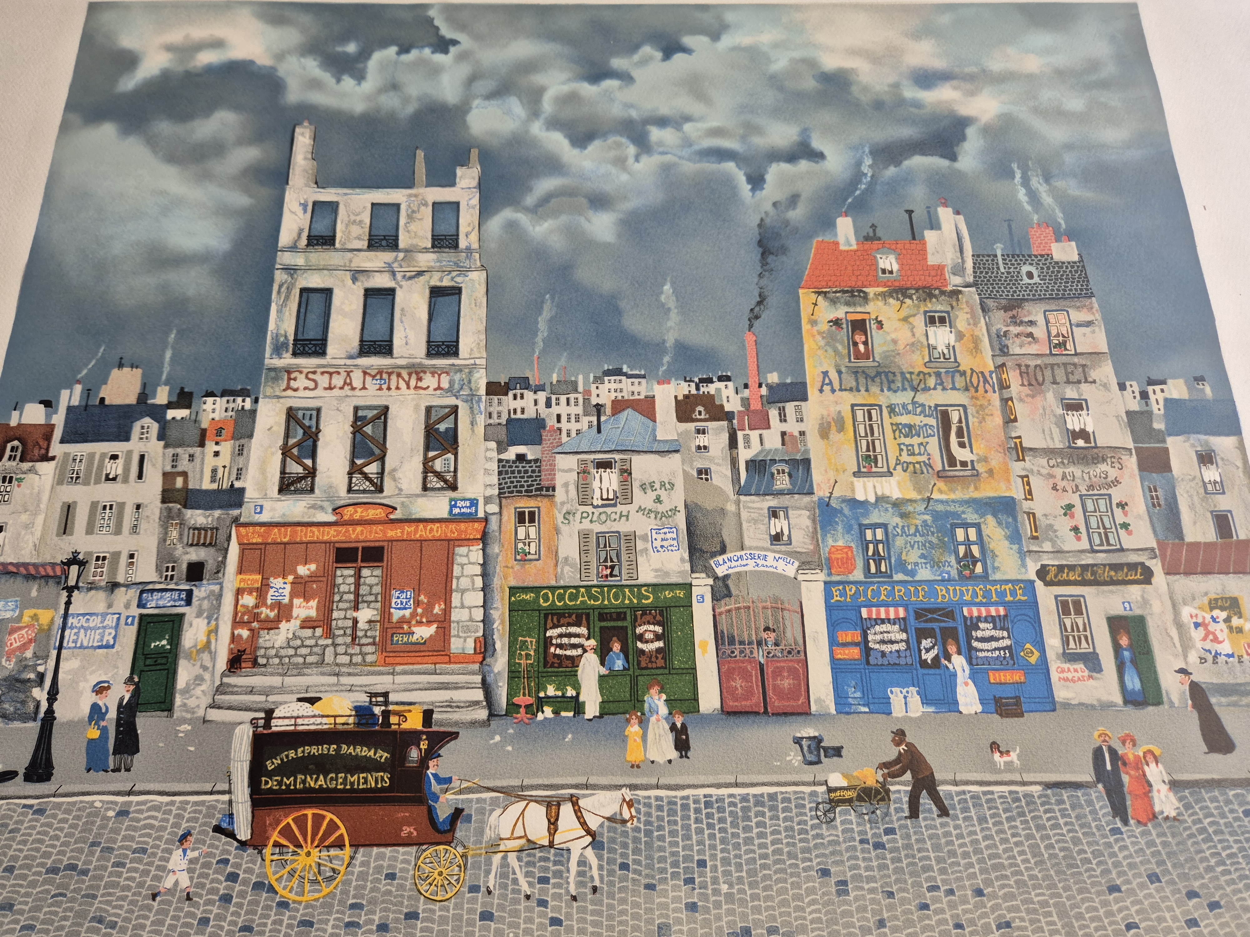 A painting of a city street scene with a horse drawn carriage.