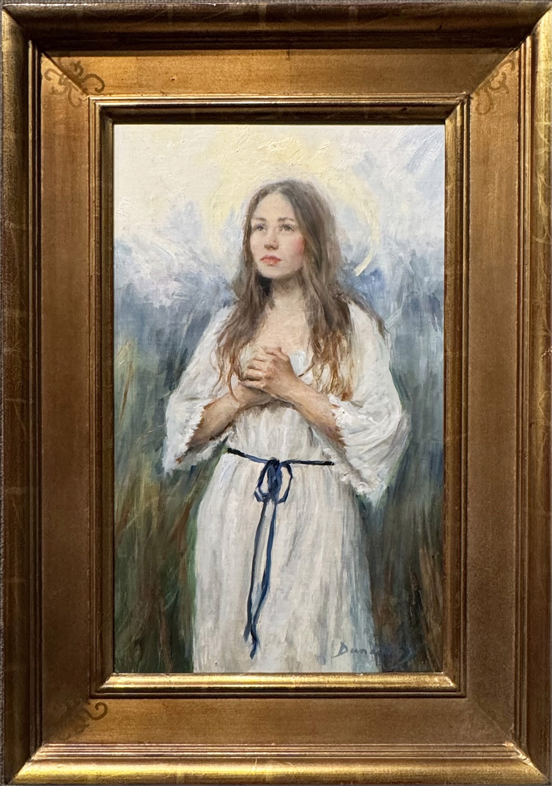 A serene figure in a white robe with a blue sash stands against a misty, impressionistic background.