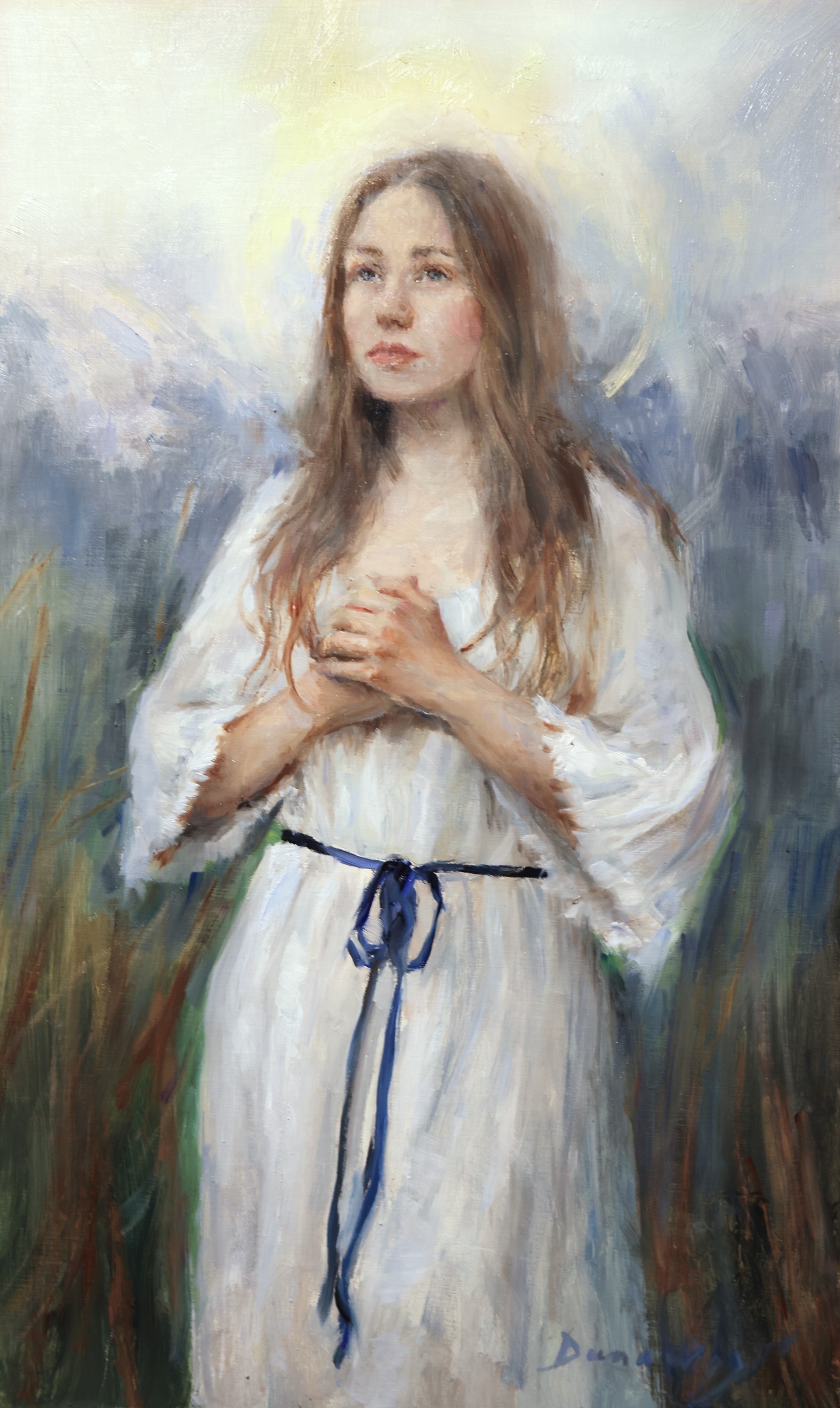 A serene figure in a white robe with a blue sash stands against a misty, impressionistic background.