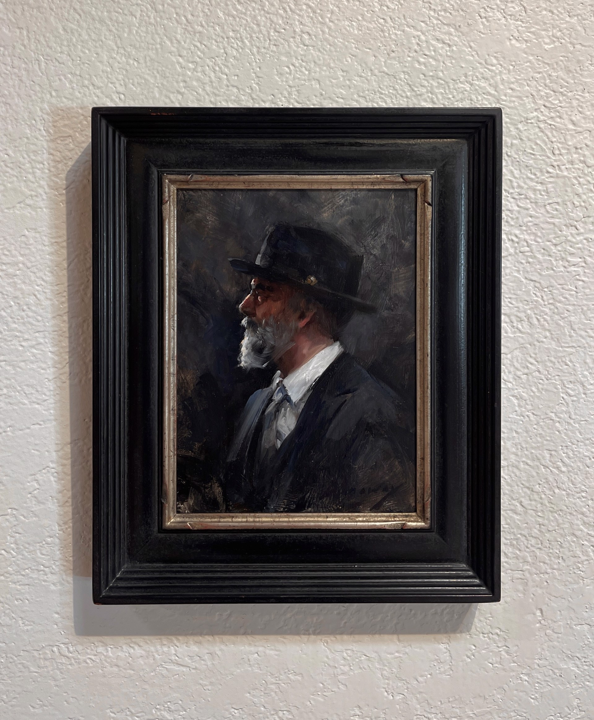 A painting of a man with a white beard and a black hat.