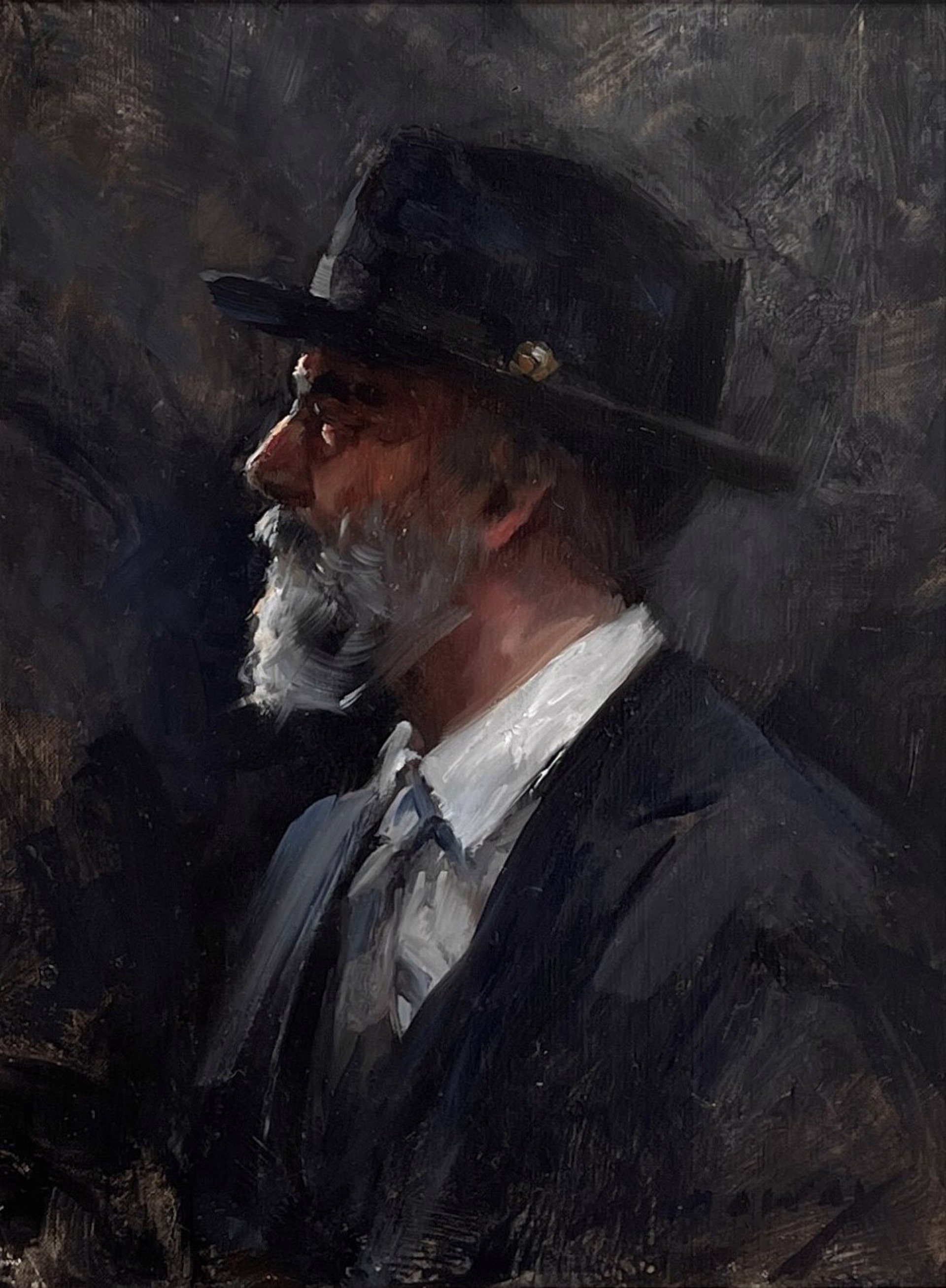 A painting of a man with a white beard and a black hat.