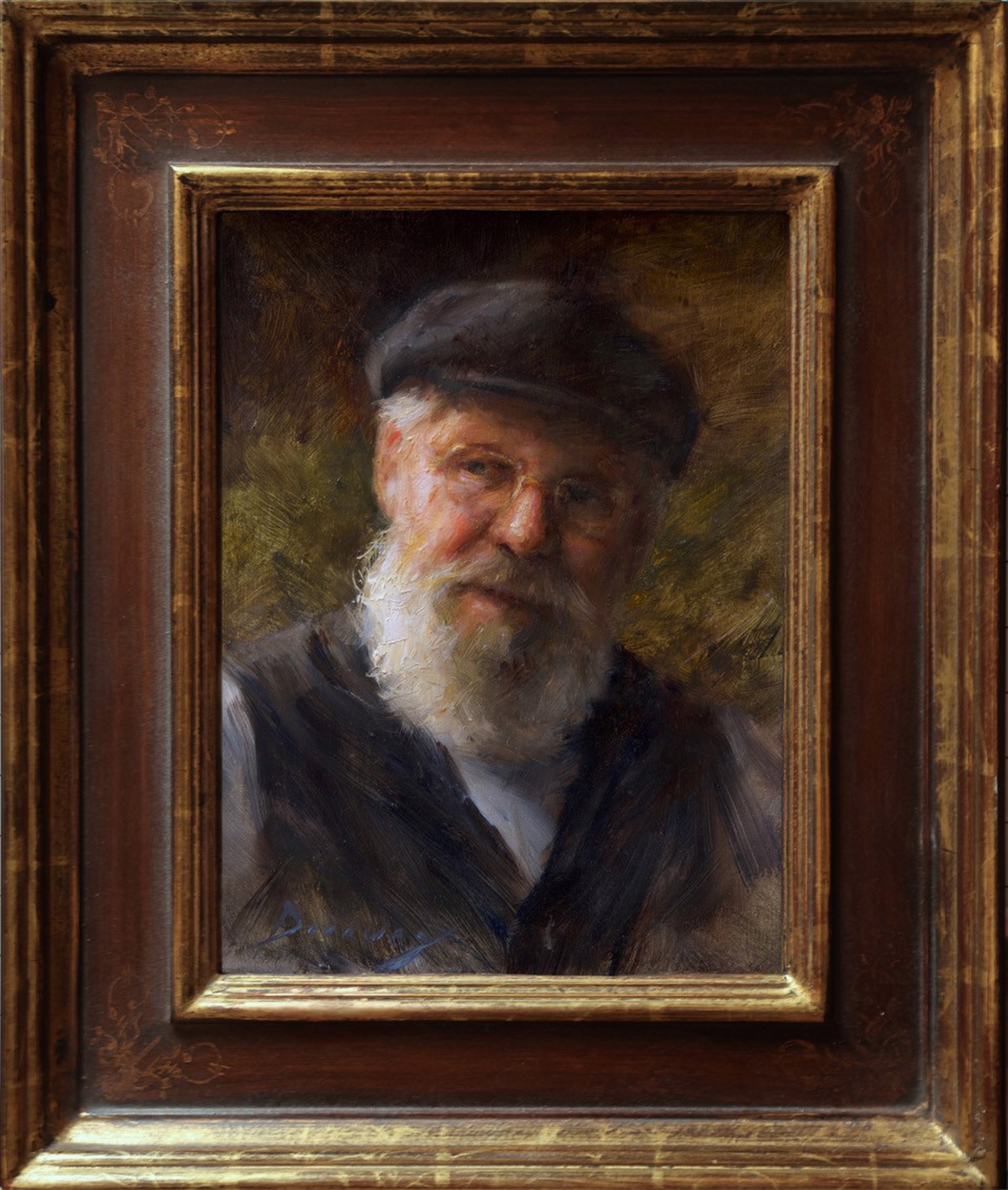 A painting of a man with a white beard and a black hat.