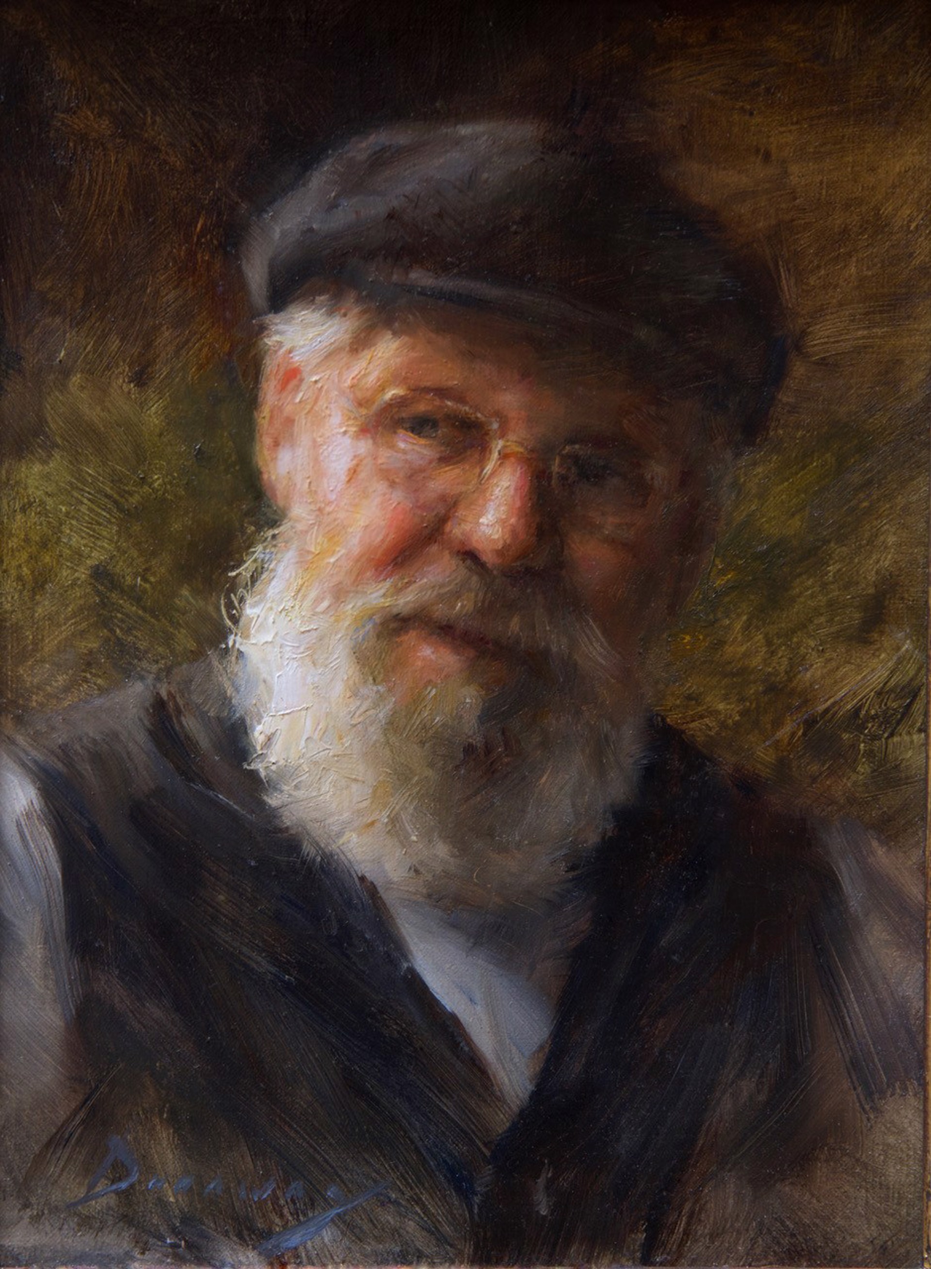 A painting of a man with a white beard and a black hat.