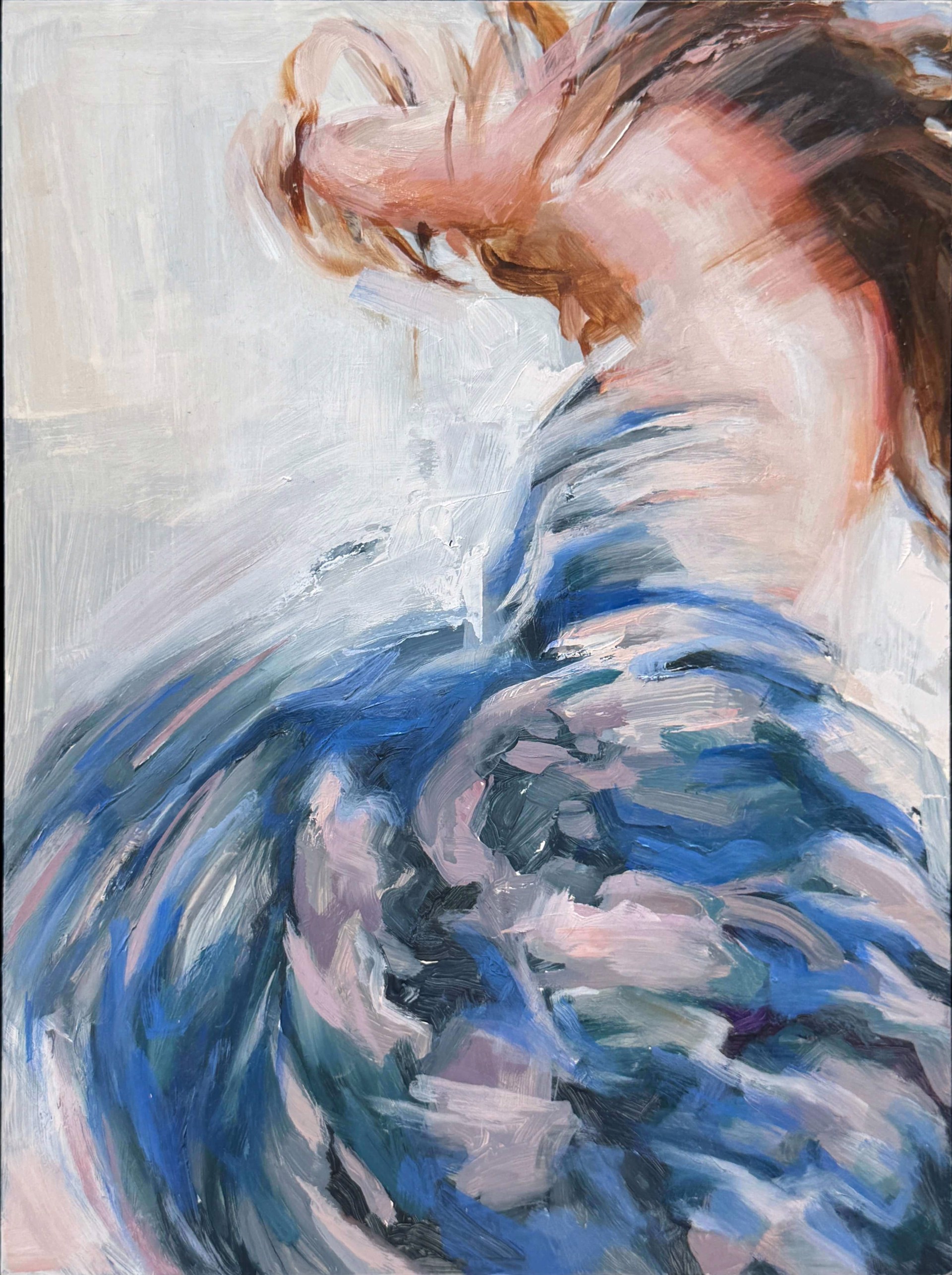 A painting of a woman in a blue dress.