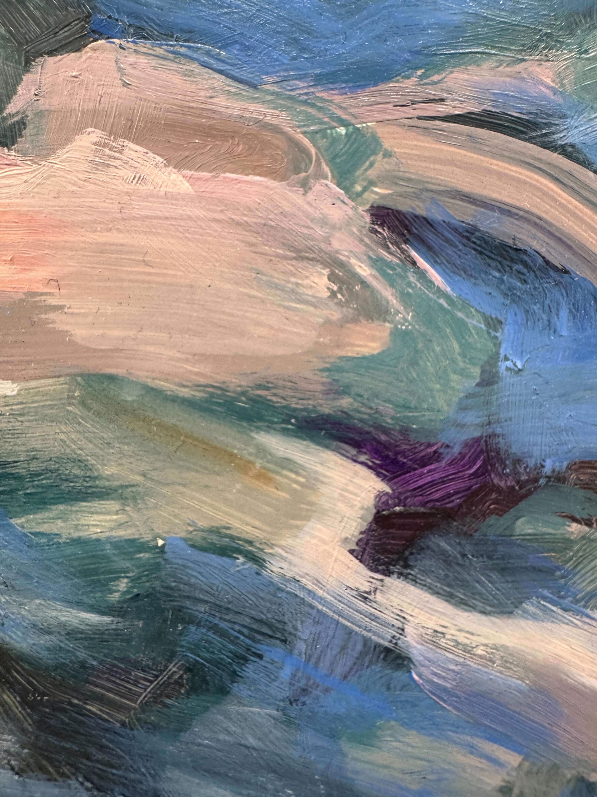 A painting of a woman in a blue dress.